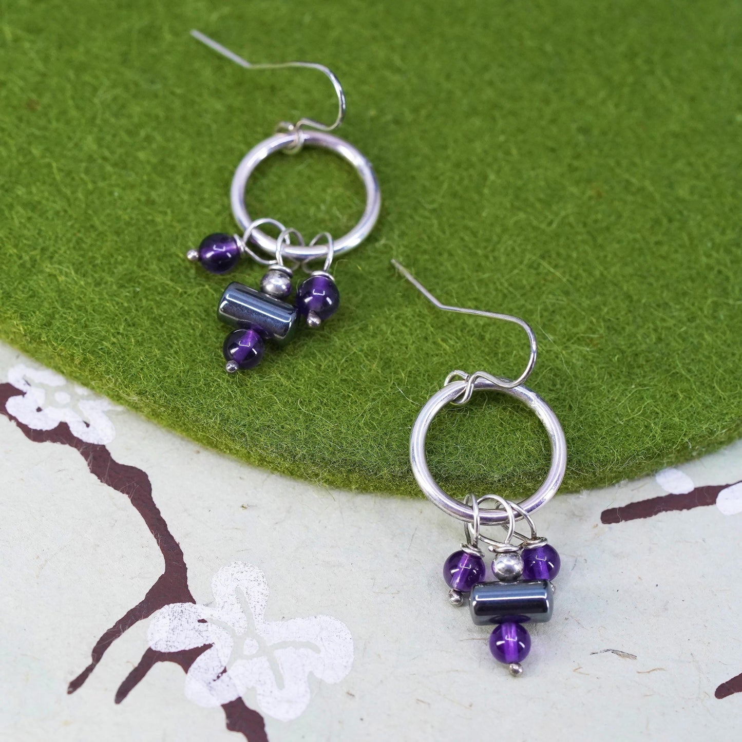 Vintage Sterling 925 silver handmade circle earrings with amethyst beads