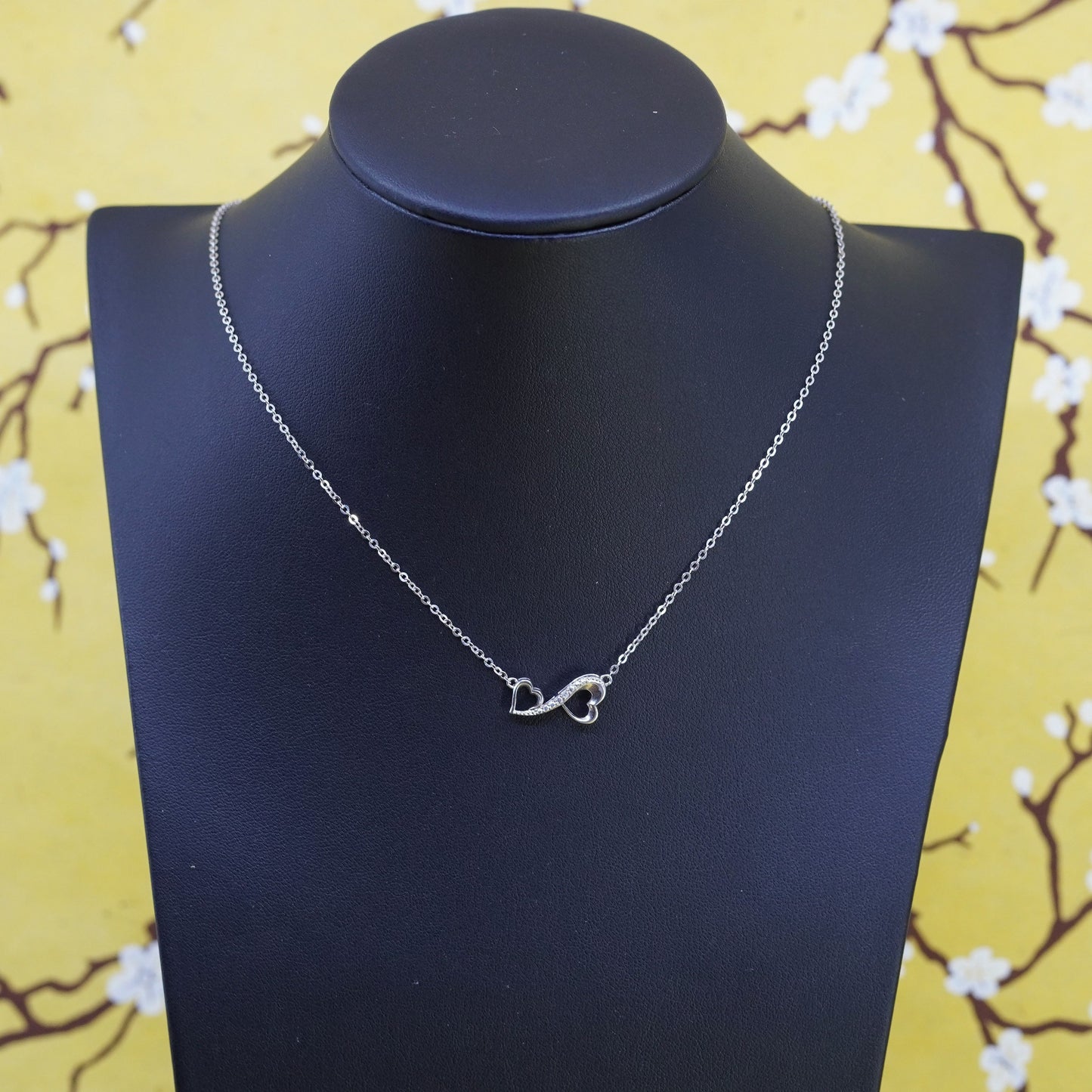 18”,, Sterling silver necklace, 925 circle chain double heart pendant diamond