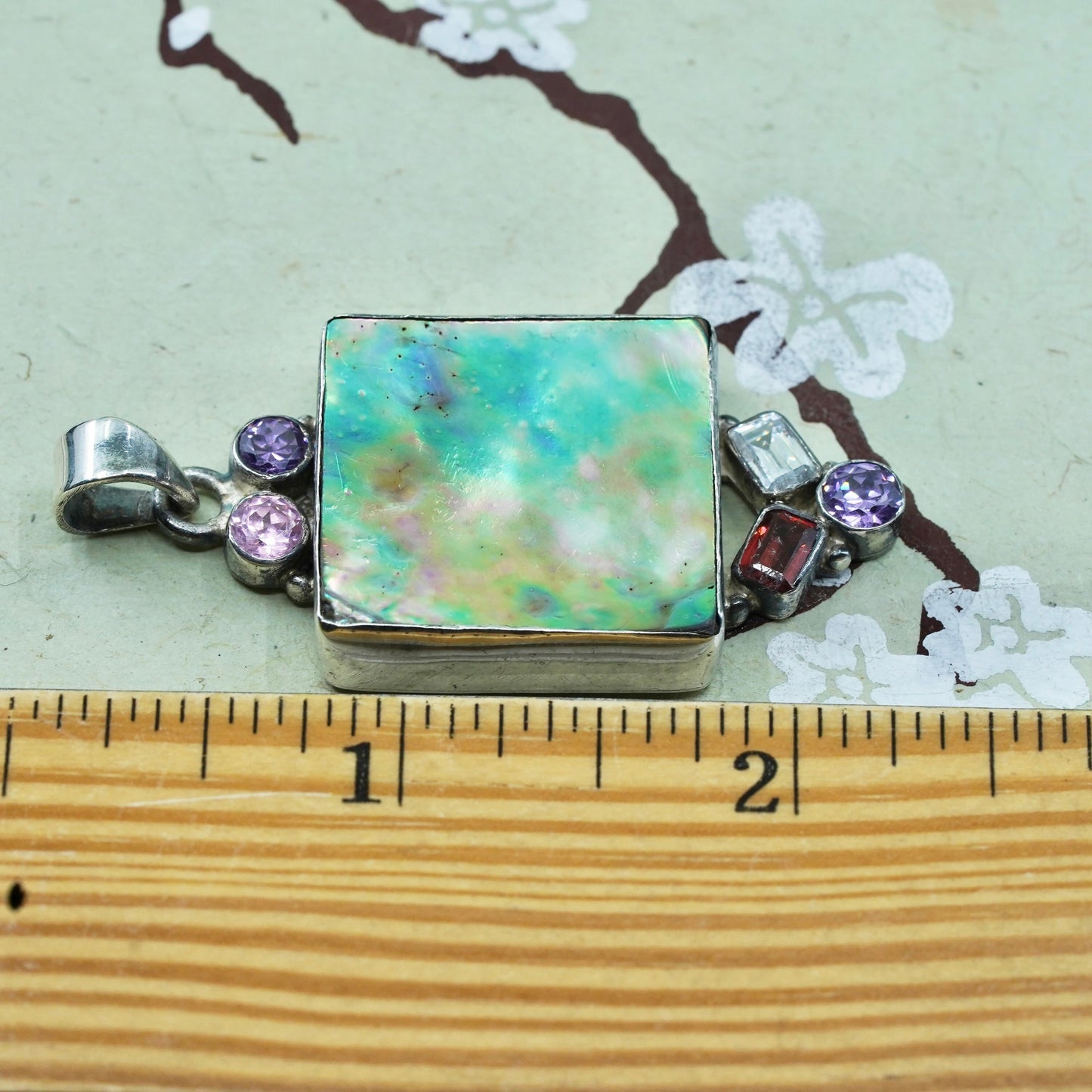 Vintage Sterling 925 silver handmade pendant with amethyst cz and abalone inlay