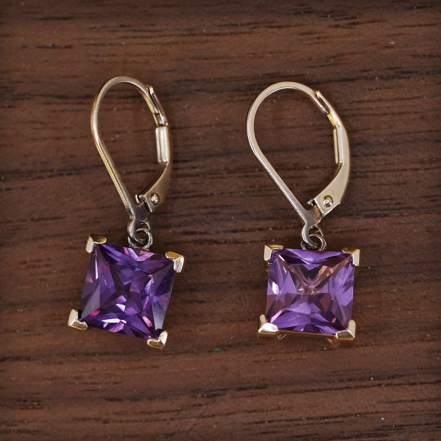 Vintage vermeil gold over Sterling 925 silver handmade earrings with square amethyst