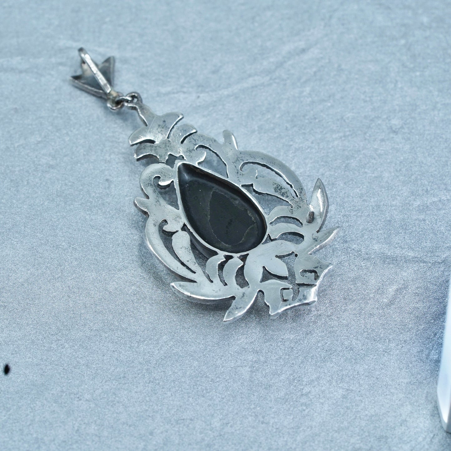 Antique Sterling silver handmade charm, 925 pendant with Marcasite and onyx