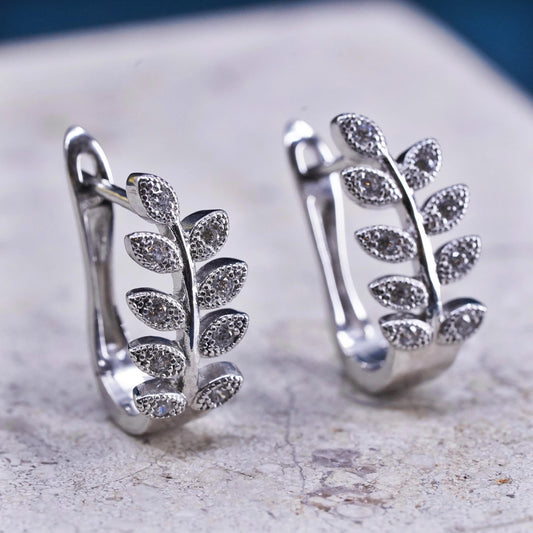 0.75", vintage Sterling silver handmade earrings, 925 leaf huggie hoops with cz