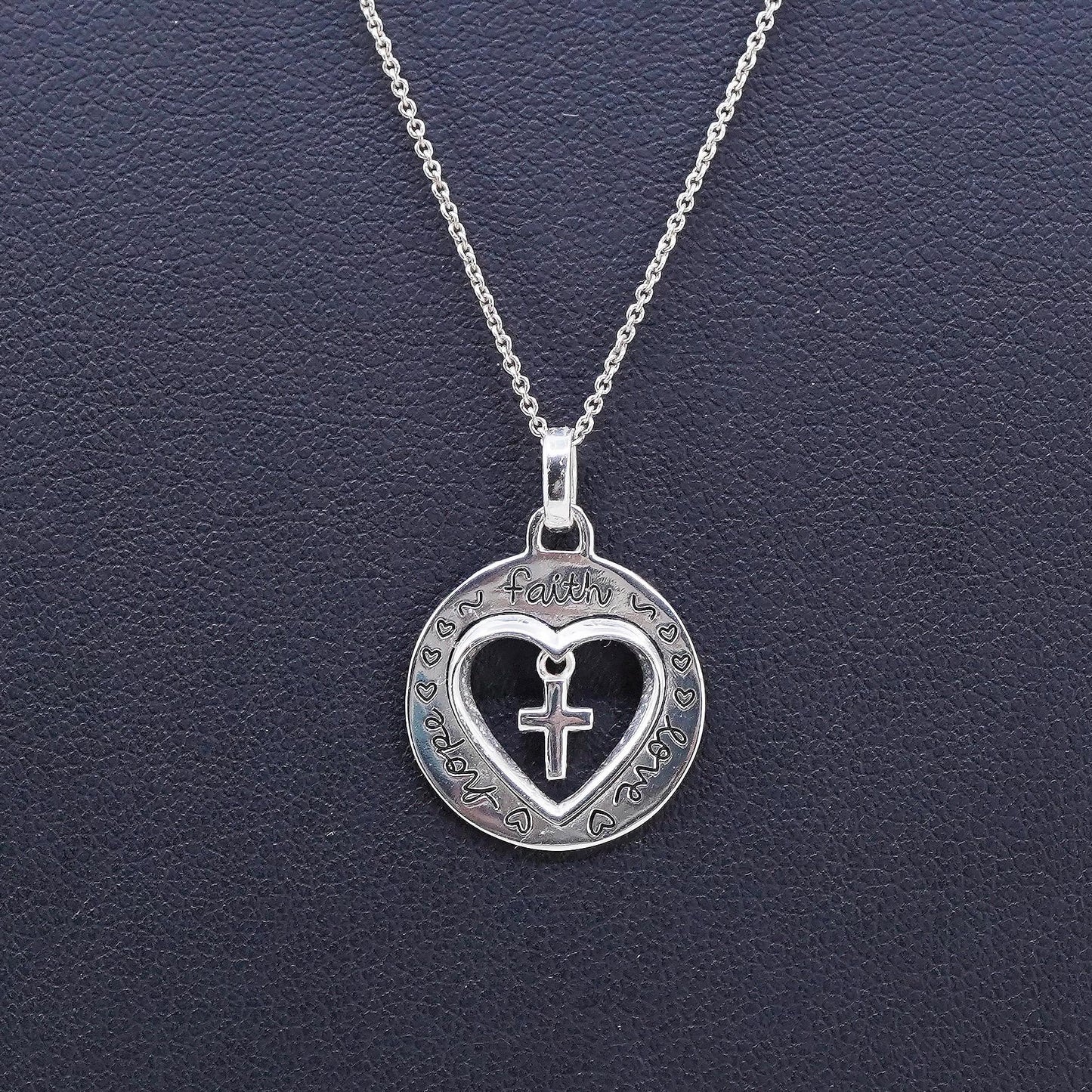 16+2", Sterling silver necklace, 925 circle heart pendant “love faith peace”