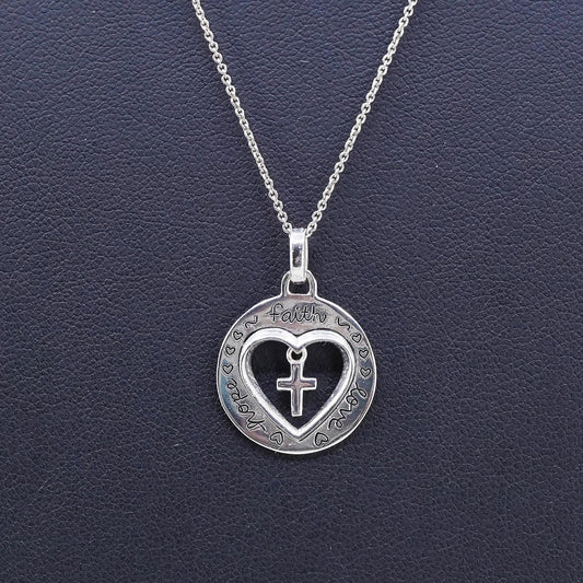 16+2", Sterling silver necklace, 925 circle heart pendant “love faith peace”