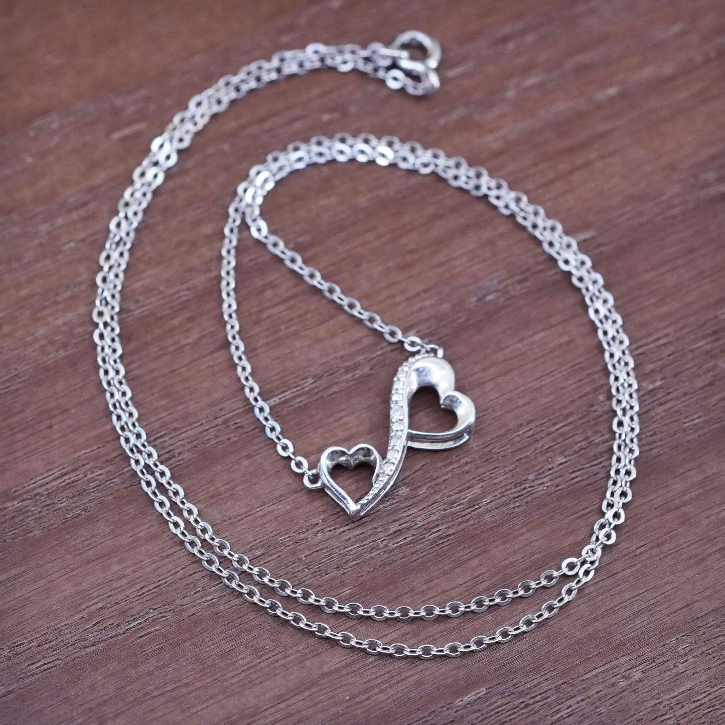 18”,, Sterling silver necklace, 925 circle chain double heart pendant diamond