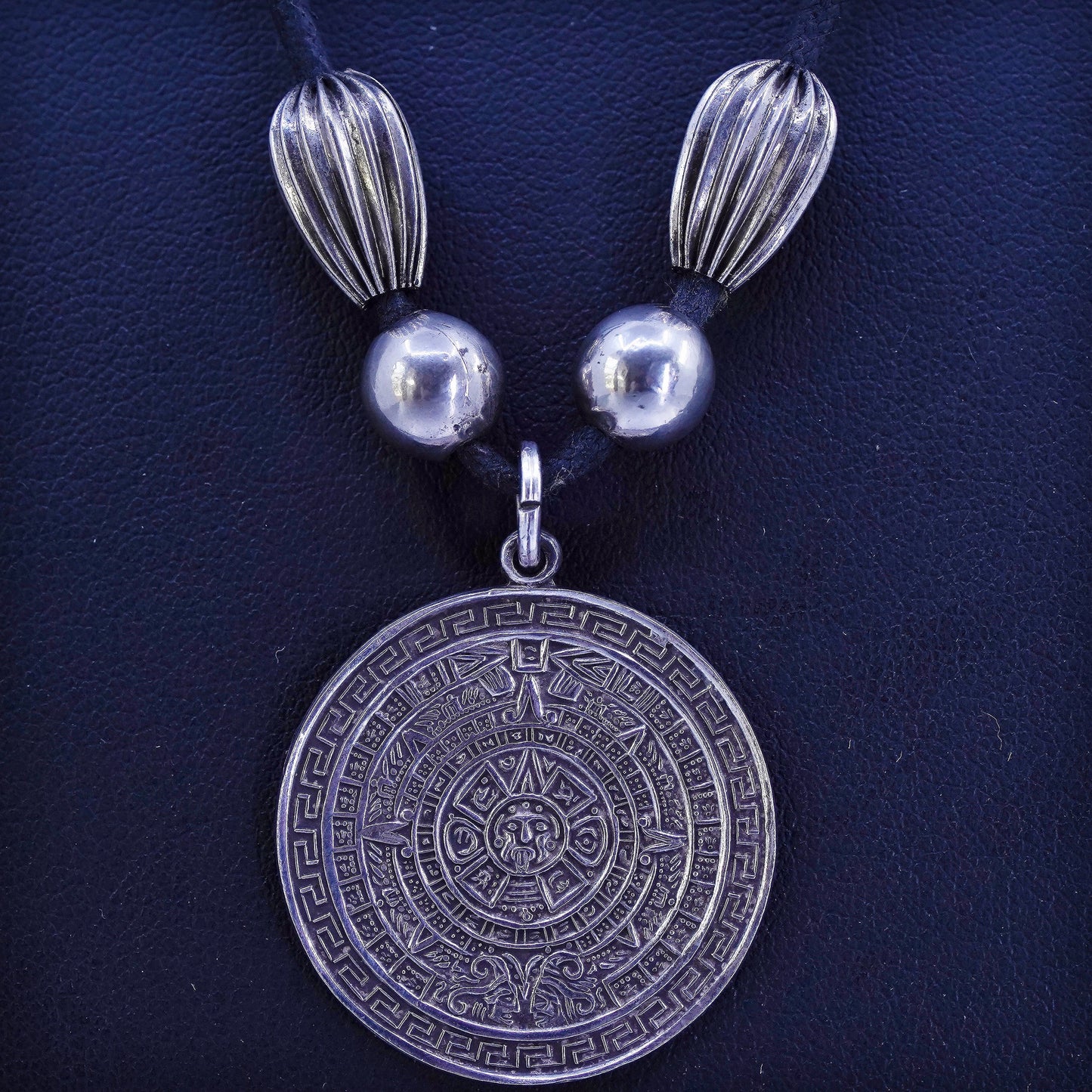 Mexican linen chain necklace with sterling 925 silver Mayan calendar pendant