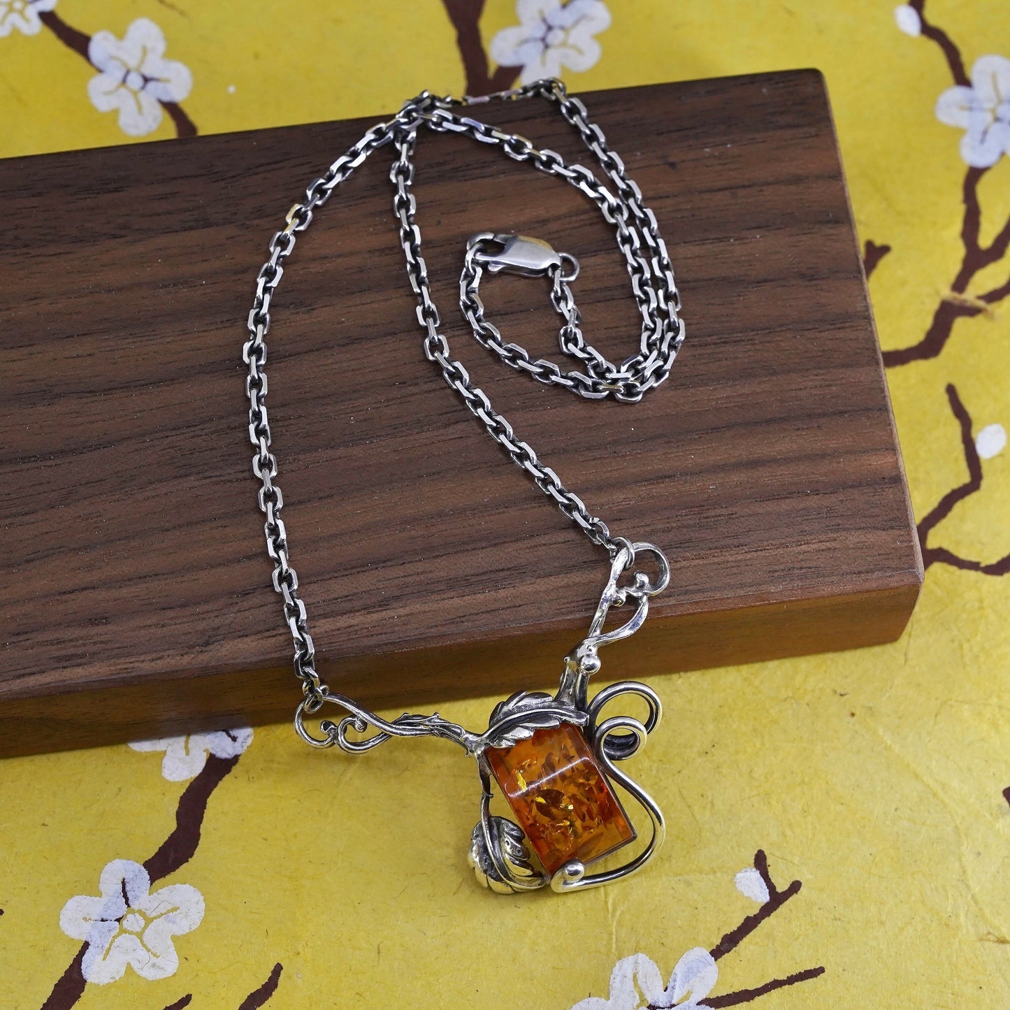 16", sterling silver Y necklace, 925 elongated chain with amber pendant leaves