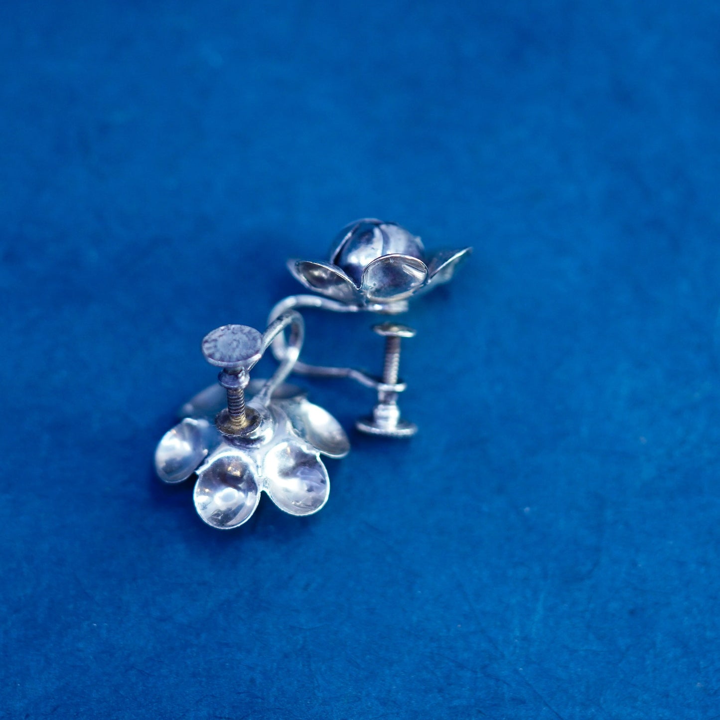 Vintage Sterling silver handmade earrings, 925 screw back flower