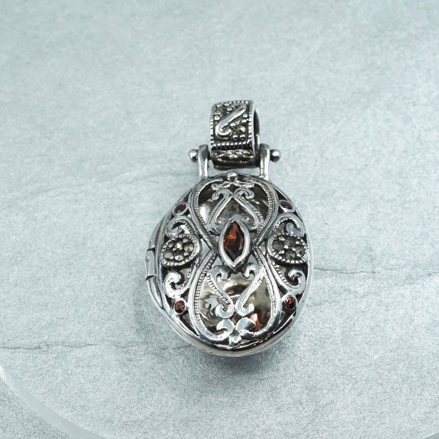Vintage Sterling silver handmade charm, 925 prayer locket pendant w/ marcasite
