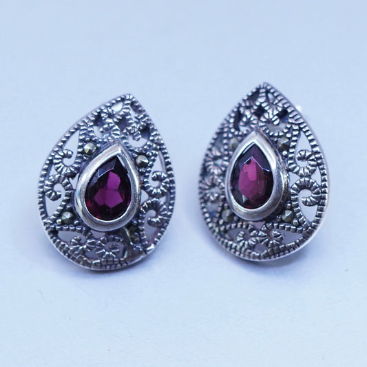 Vintage Sterling 925 silver handmade earrings, teardrop studs w/ ruby Marcasite