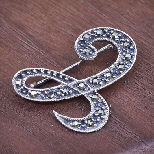 Vintage handmade sterling 925 silver letter C brooch with Marcasite