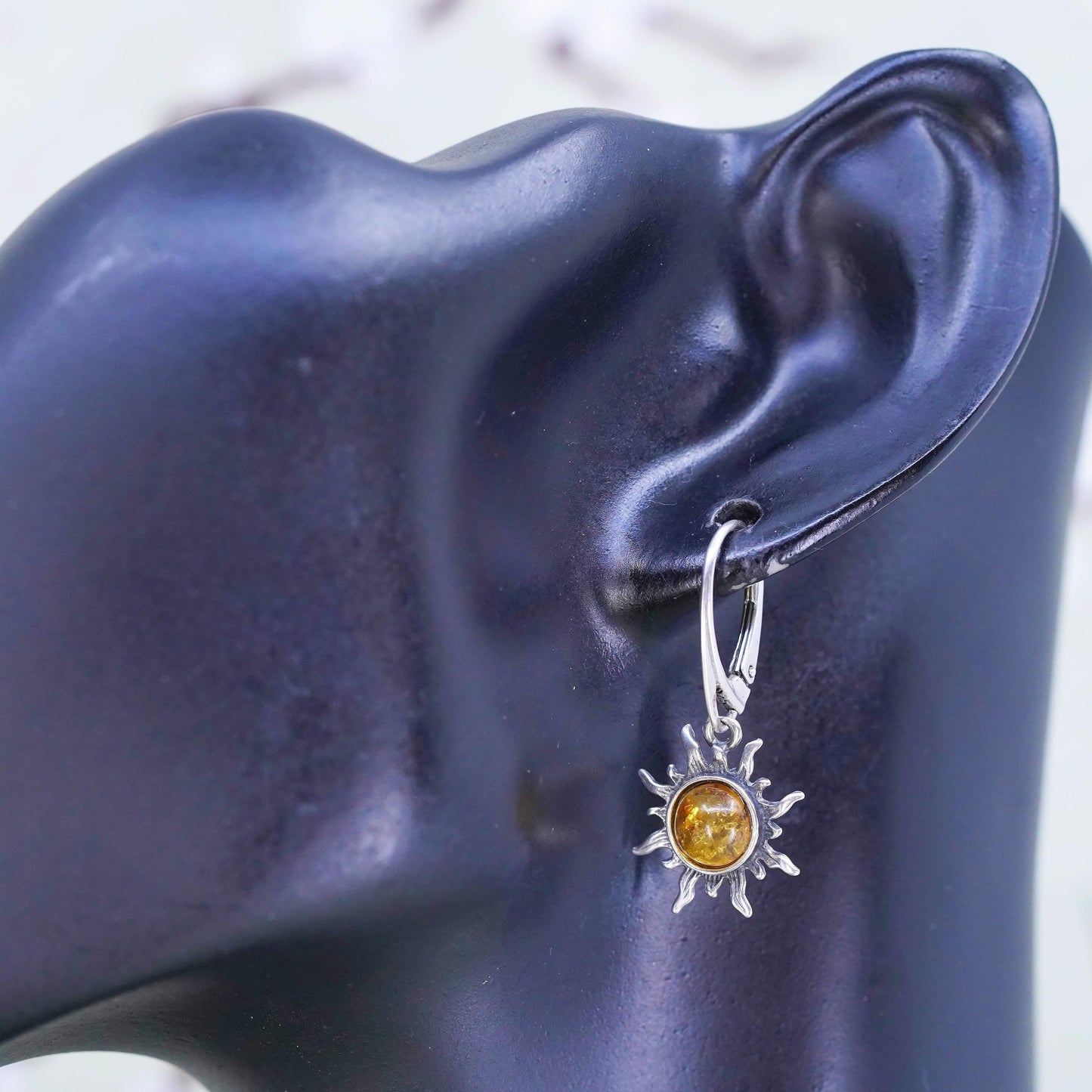 Vintage sterling 925 silver handmade Amber sun earrings with honey amber