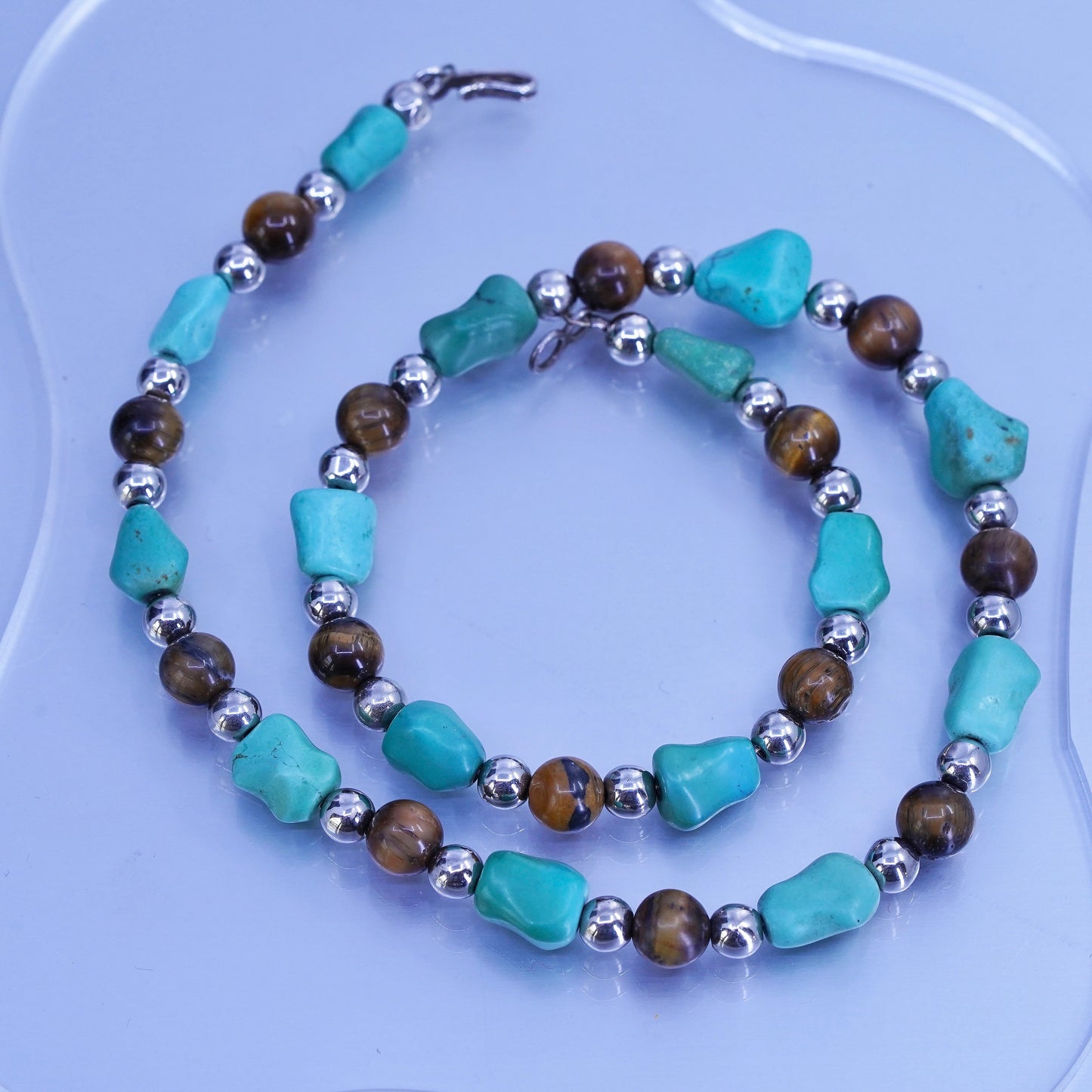 18”, Sterling 925 silver necklace with turquoise and golden tiger eye beads