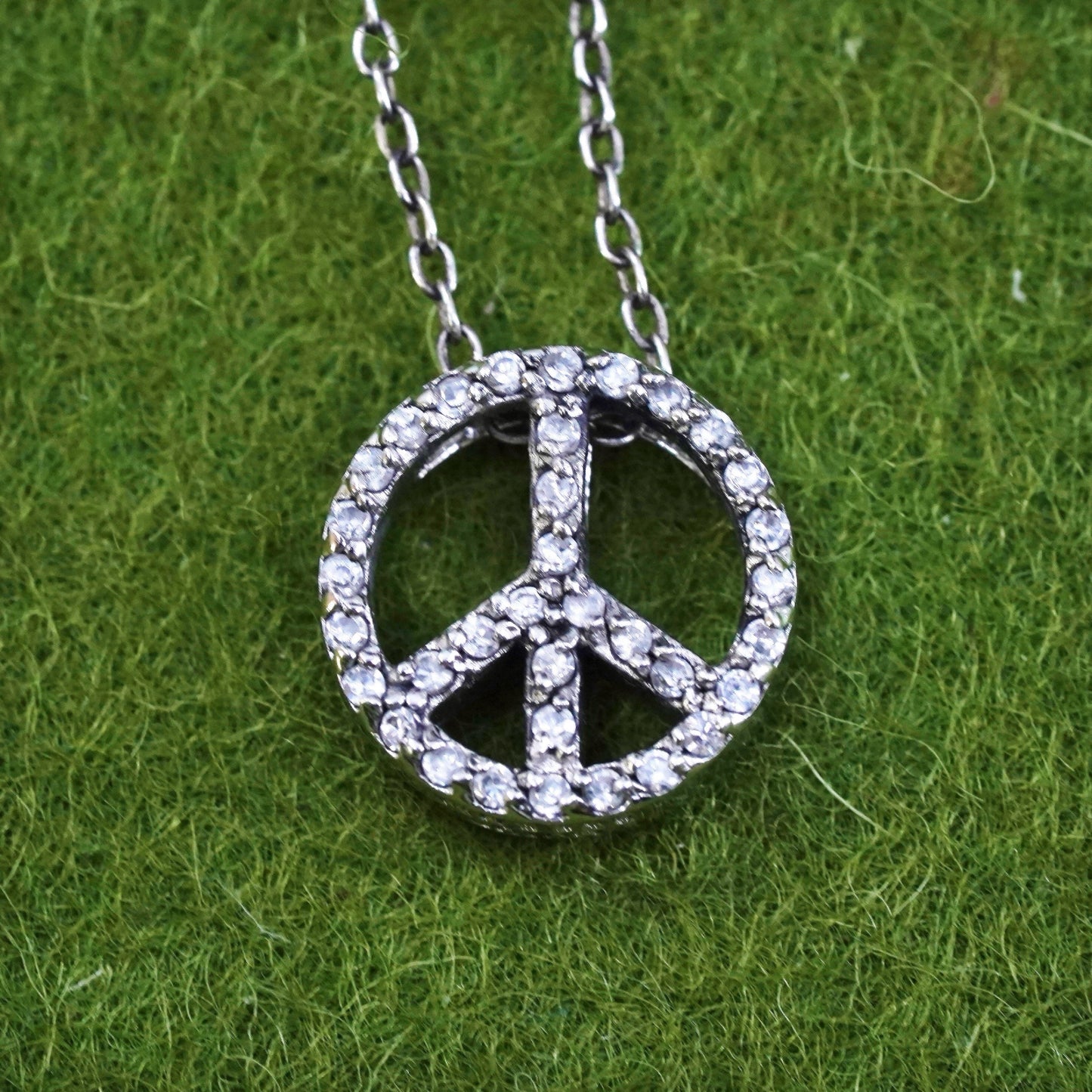 18", Sterling silver necklace, 925 circle chain peace CND symbol pendant and cz