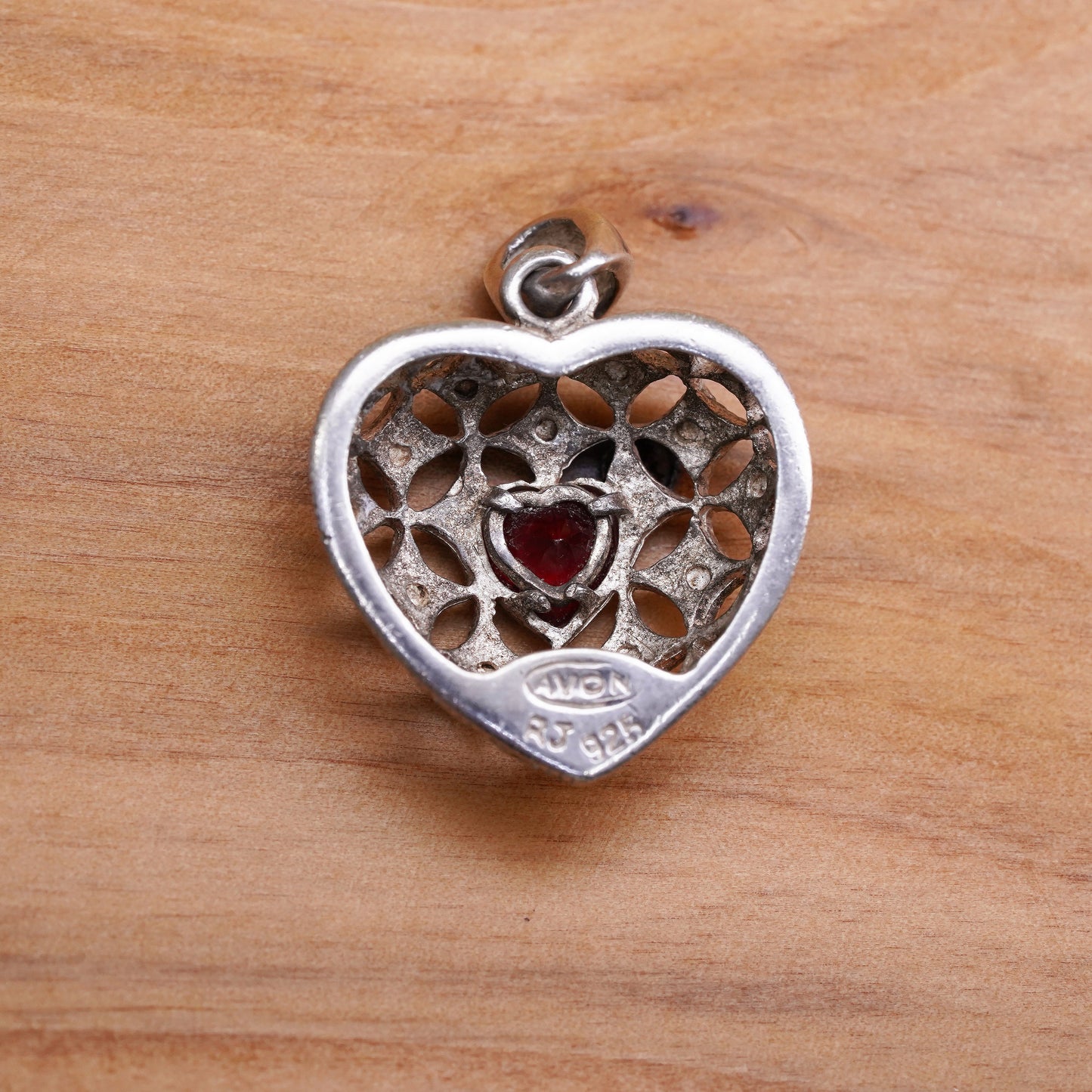 Vintage Sterling silver handmade pendant, 925 filigree heart with ruby