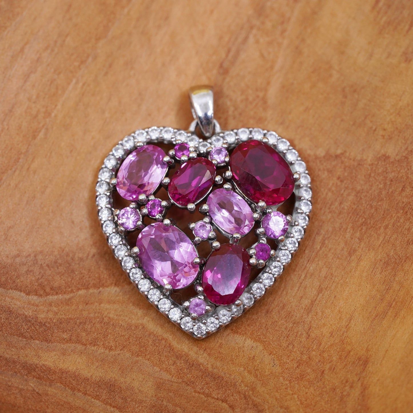 Vintage Sterling 925 silver handmade pendant heart cluster ruby pink crystal