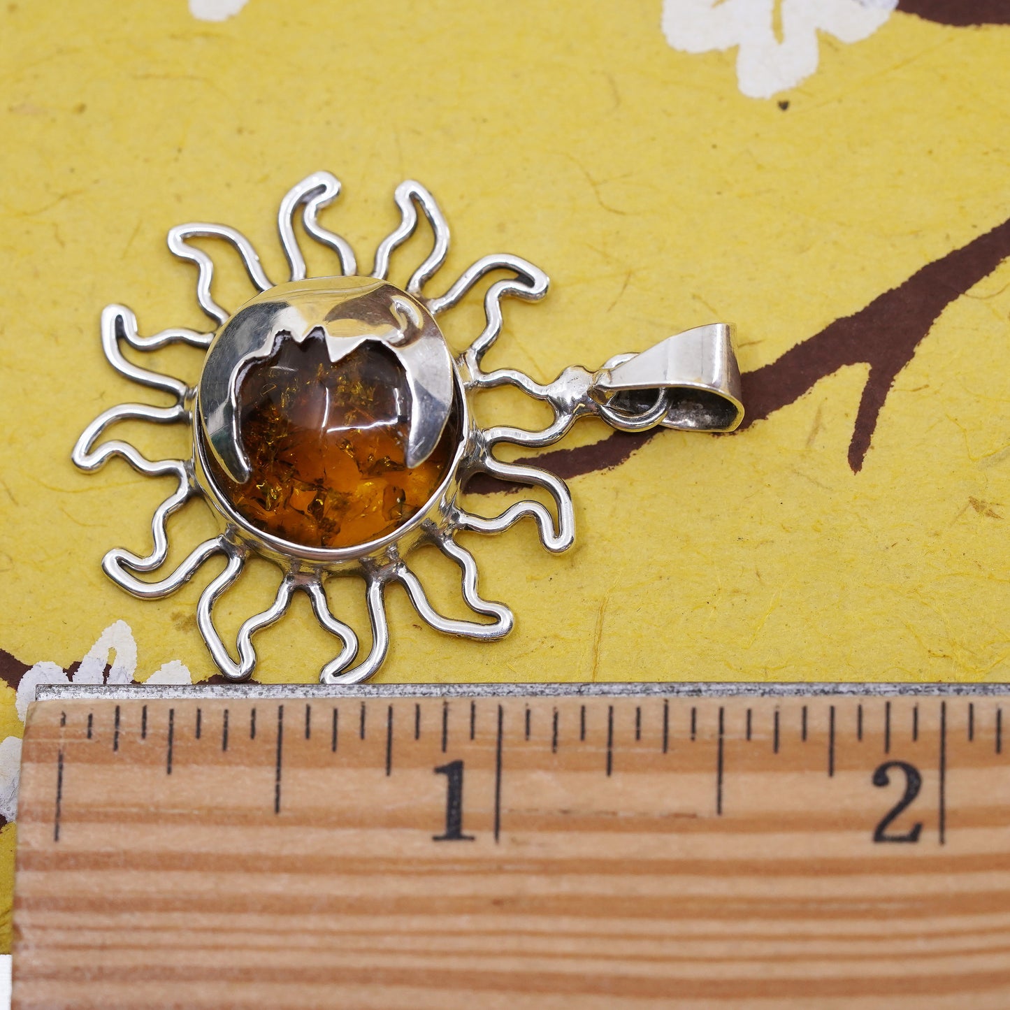 Vintage Sterling 925 silver handmade Sun pendant with Amber and moonface