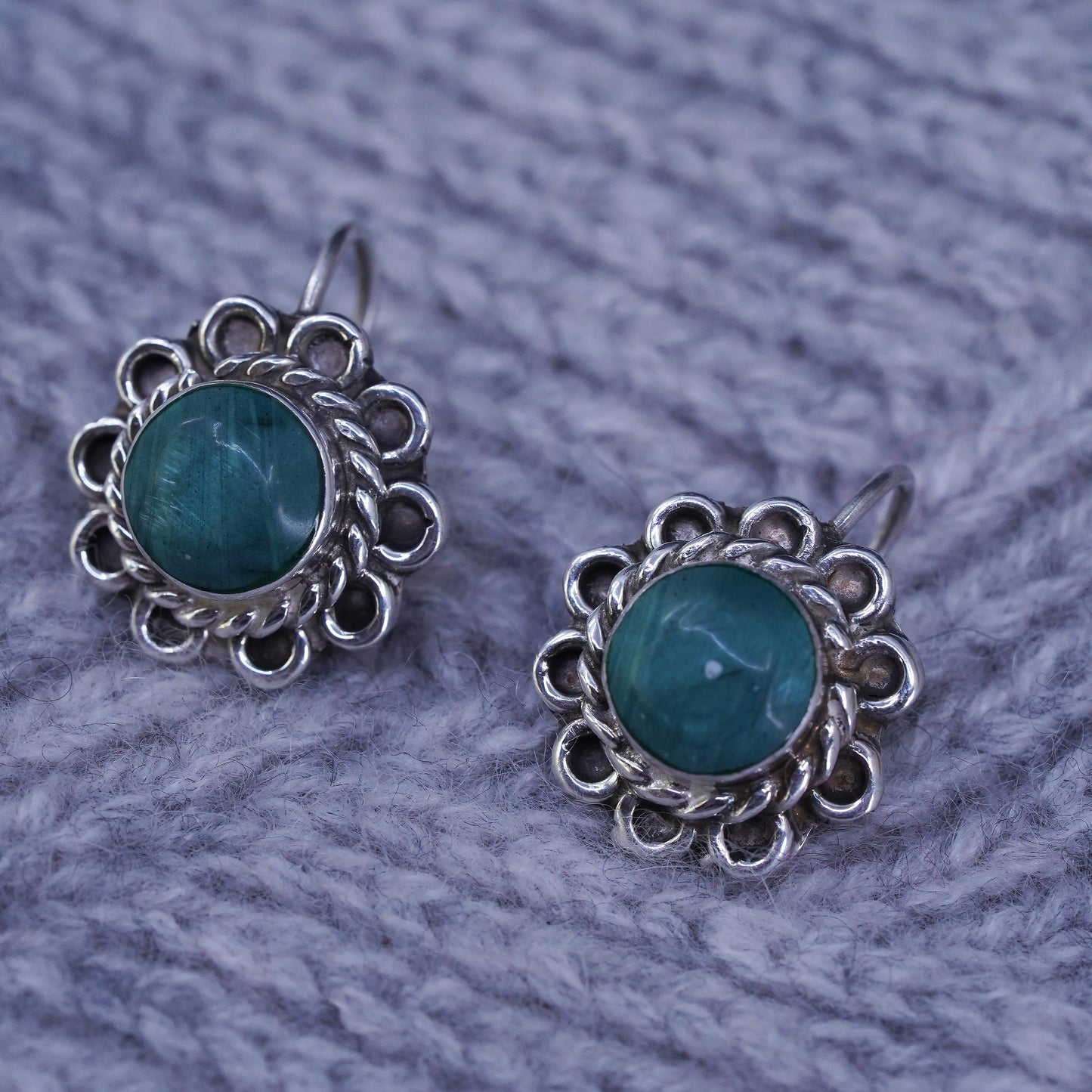 Vintage Mexican sterling silver handmade earrings, 925 dangles round malachite