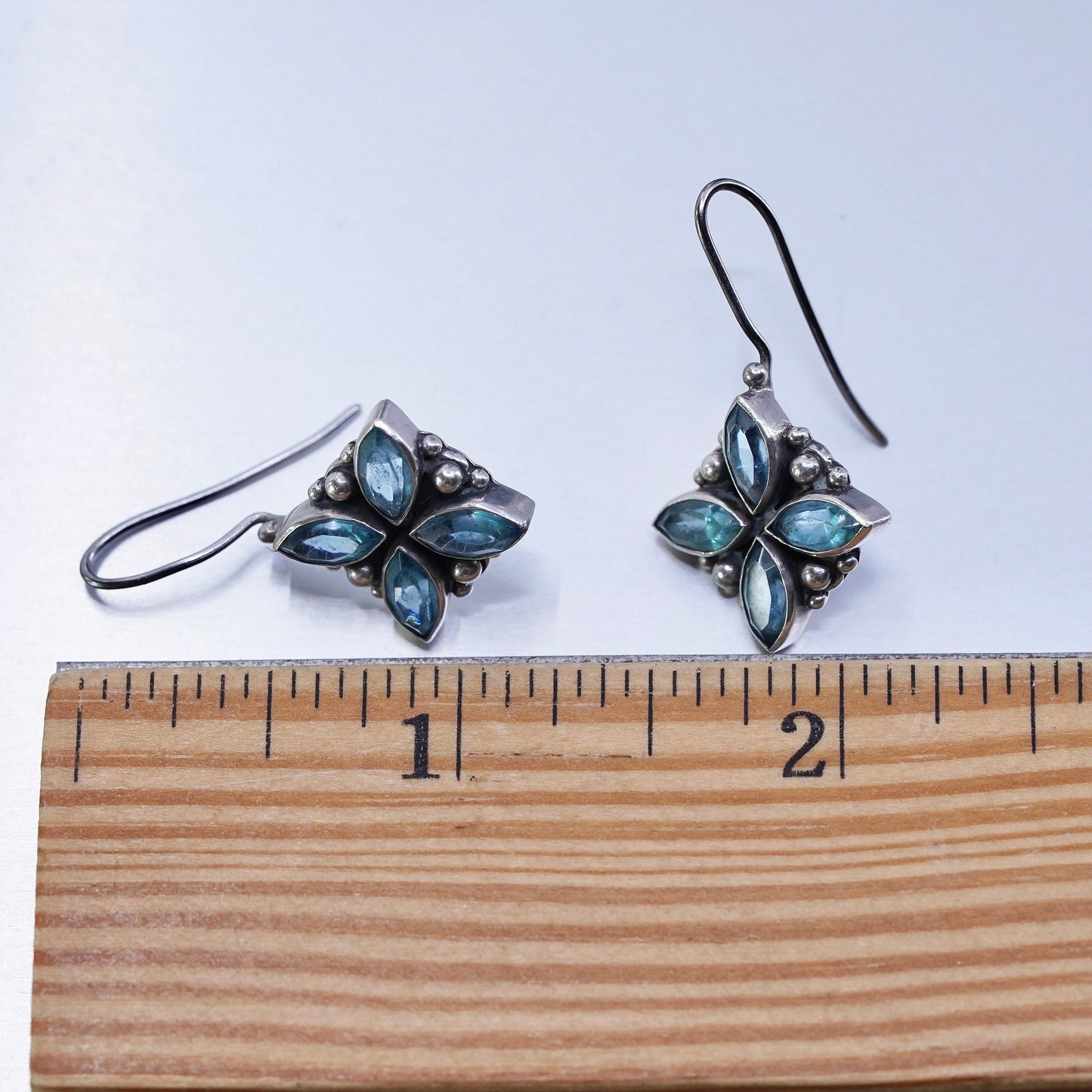 Vintage Sterling 925 silver beaded diamond shaped earrings with blue topaz