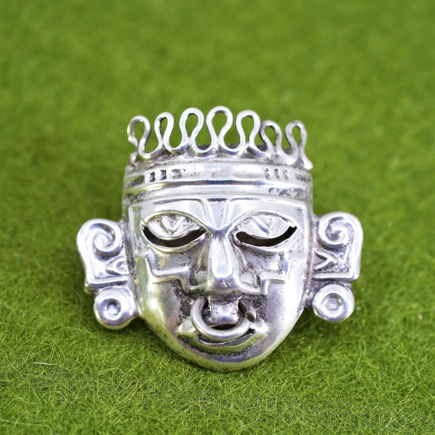 Mexican Mayan Sterling silver handmade pin, 925 Ancient warrior face pendant