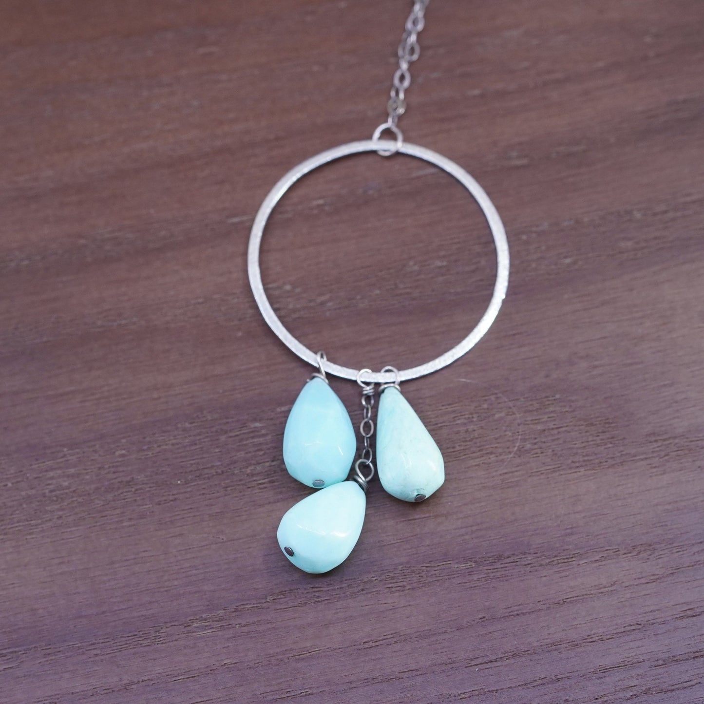 30”, sterling silver necklace 925 flatten circle chain teardrop larimar pendant