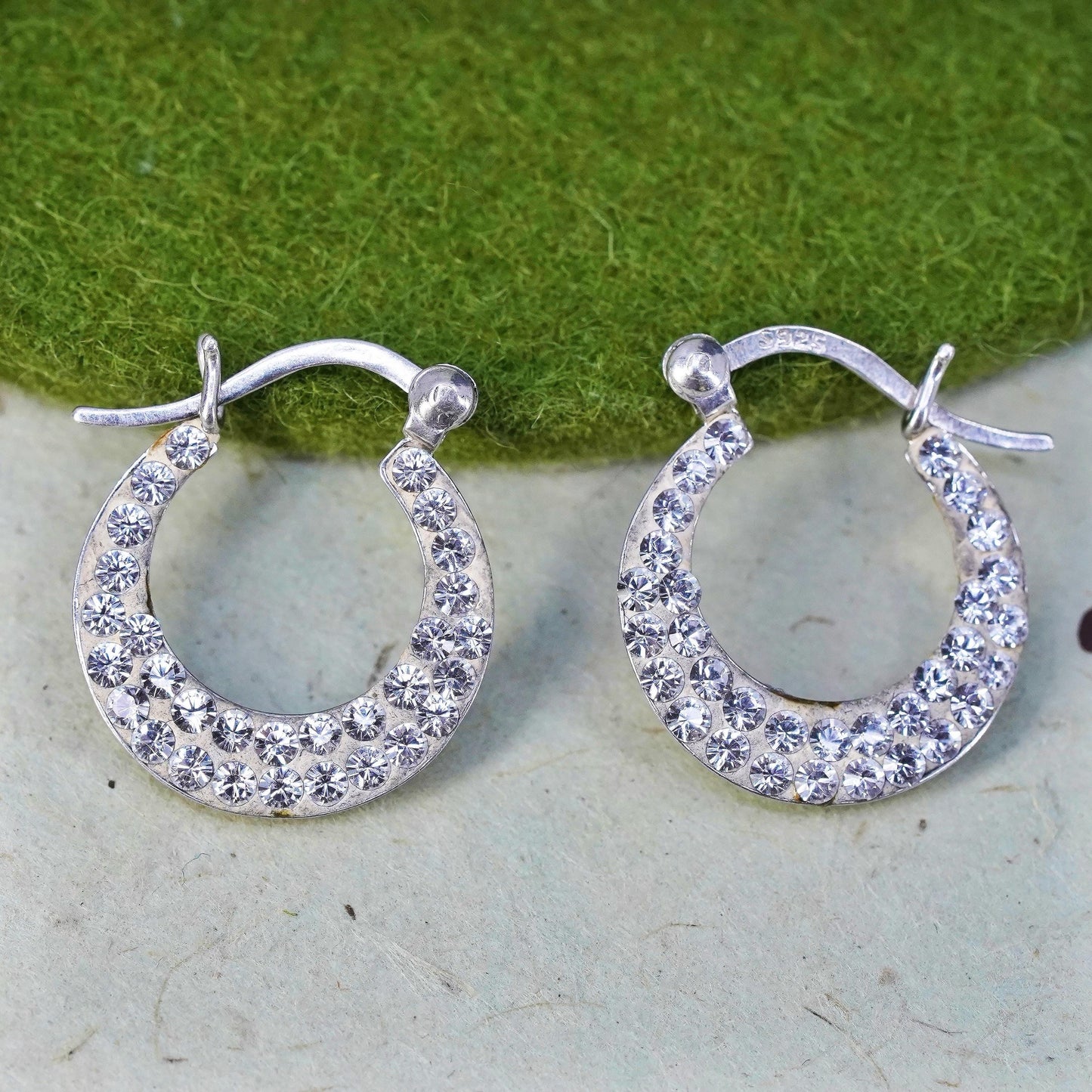 0.75”, Vintage sterling silver earrings, 925 silver hoops, Huggie cluster Cz