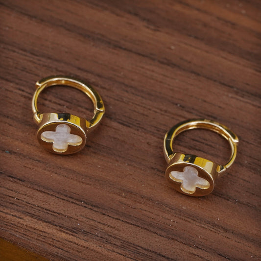 0.5", vermeil gold Sterling silver earrings, 925 huggie hoops mother of pearl