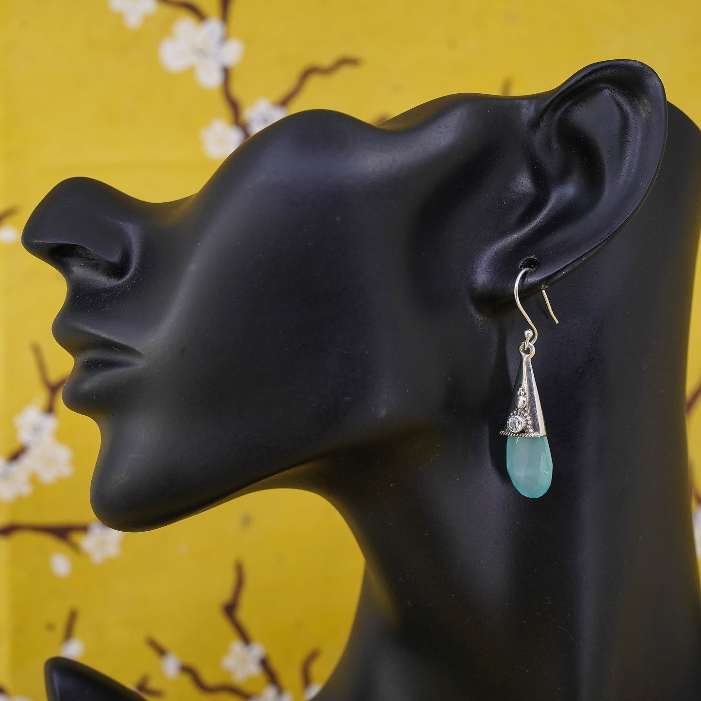 YS Indian Sterling 925 silver teardrop earrings with chalcedony blue crystal