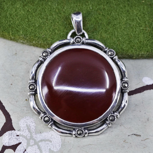 Vintage sterling silver handmade pendant, 925 circle with carnelian marcasite