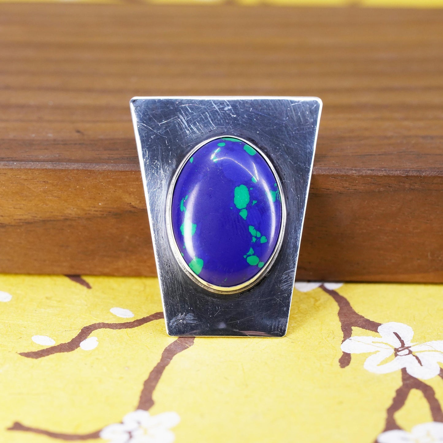 Vintage handmade sterling silver brooch, 925 pendant with blue stone details