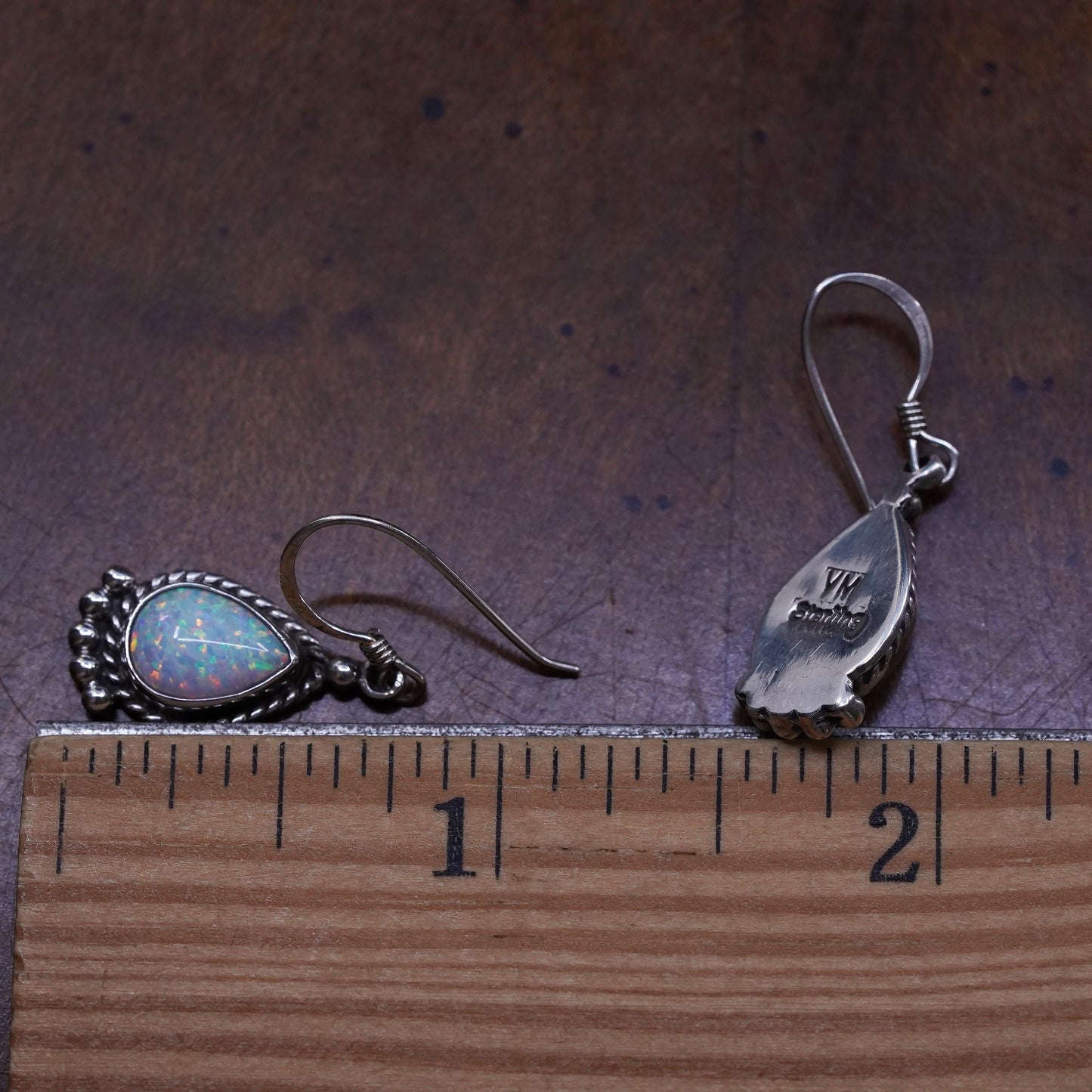 Native American Virgil M. Dishta sterling silver 925 teardrop earrings w/ opal