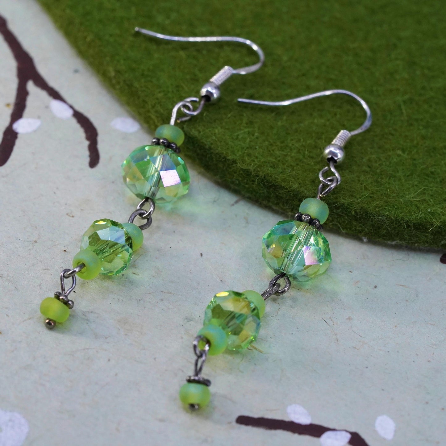 Vintage sterling silver handmade earrings, 925 silver with green crystal drops