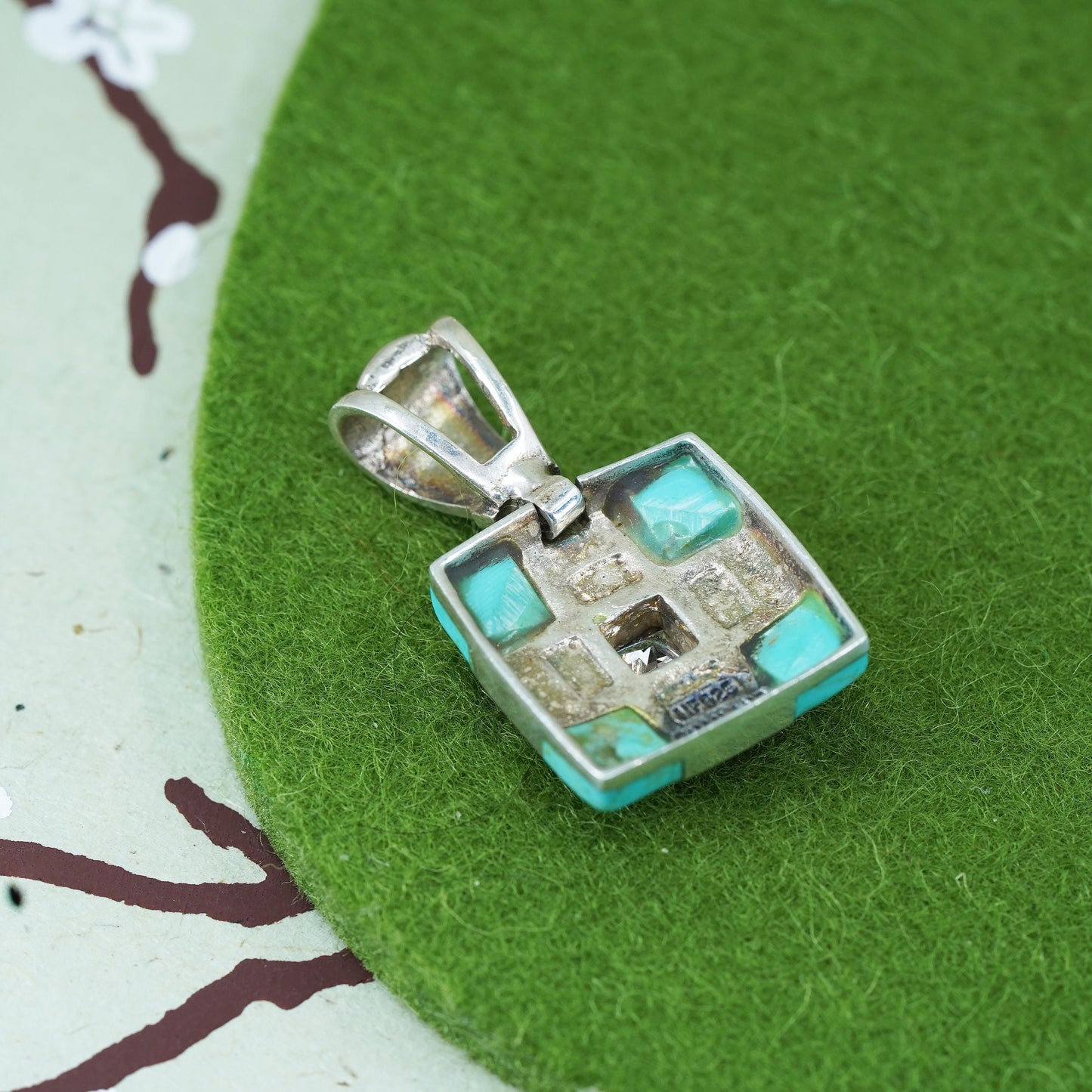 vtg Sterling Silver 925 handmade square pendant with turquoise marcasite and cz