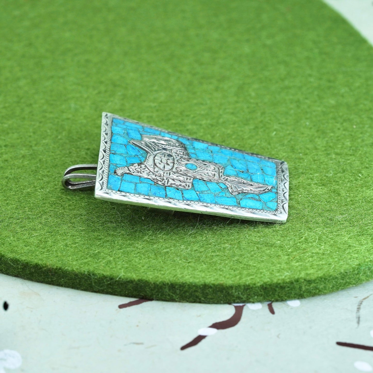 Vintage Mexico sterling silver 925 handmade pendant with saddle turquoise inlay