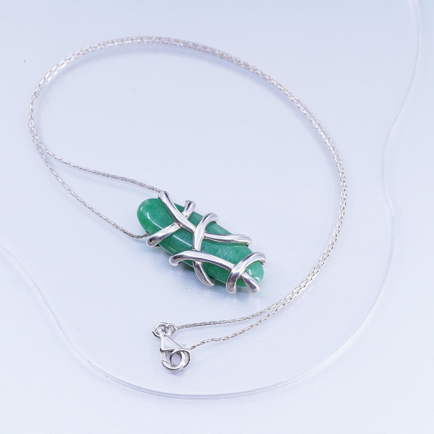 18”, vintage Angela Commings Sterling 925 silver snake necklace Jadeite pendant