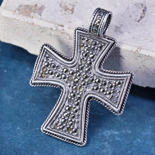 Vintage Sterling 925 Silver double side Cross Pendant marcasite mother of pearl