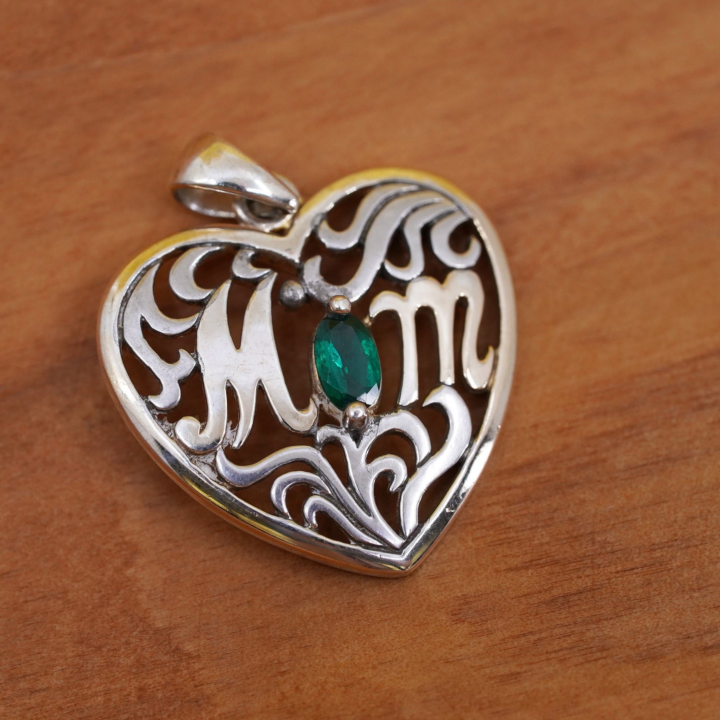 vermeil gold over Sterling 925 silver handmade pendant, heart w/ “mom” emerald