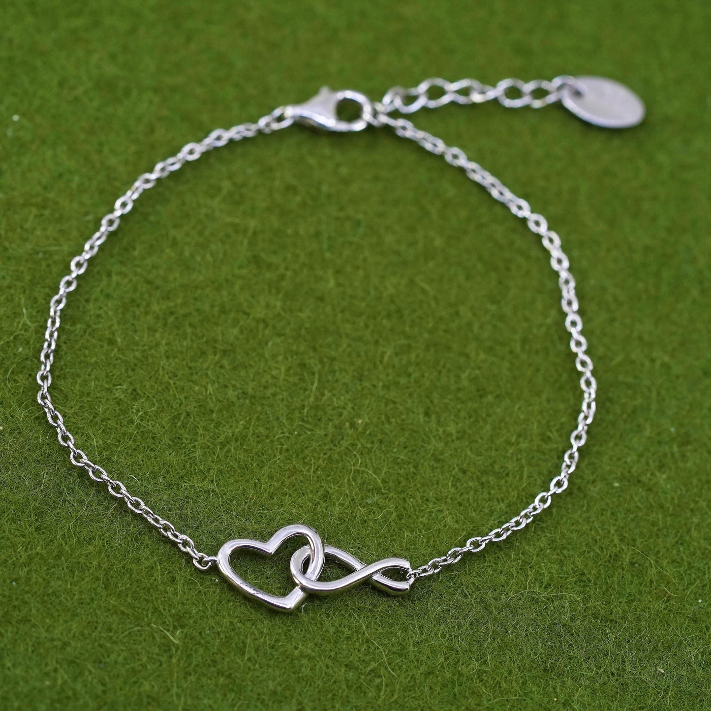6.75+1”, Vintage sterling silver bracelet, 925 circle chain with heart charm cz