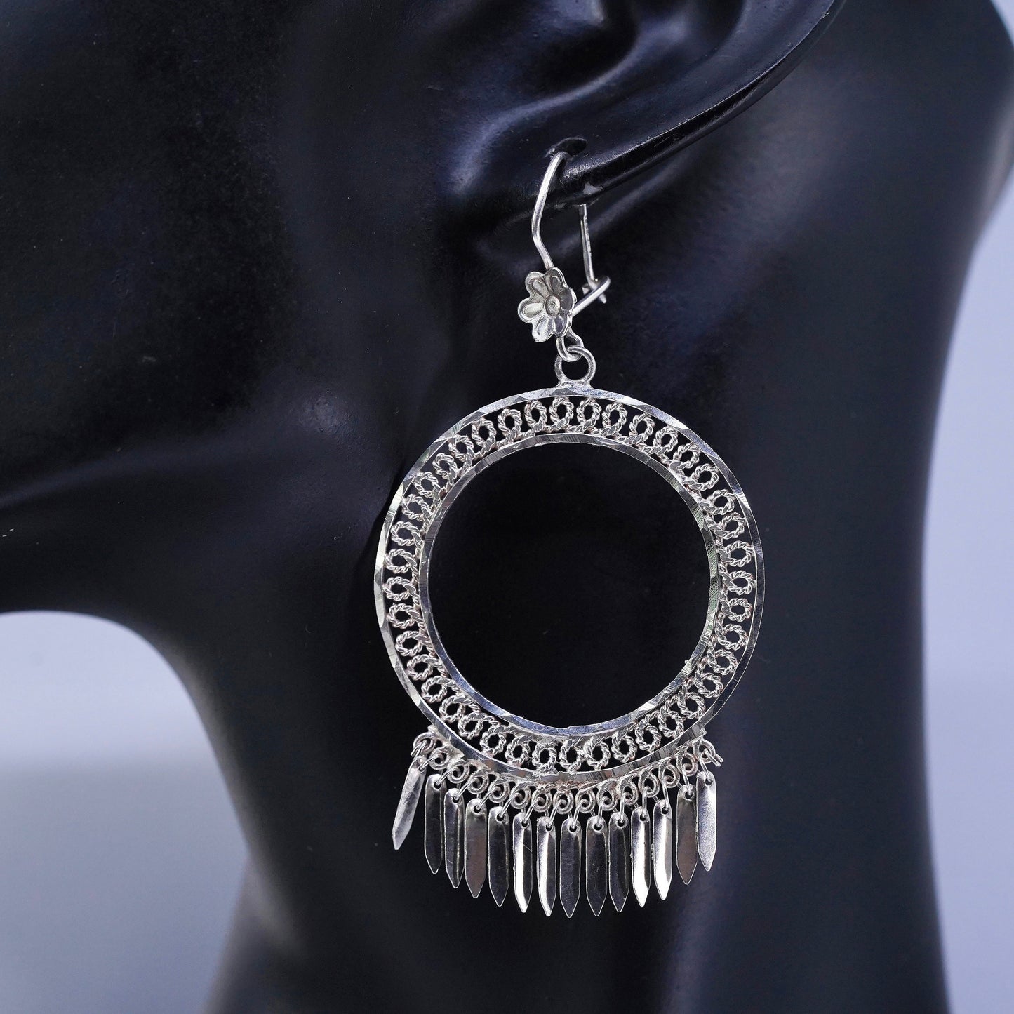 Vintage Sterling 925 silver filigree circle earrings with fringe dangles