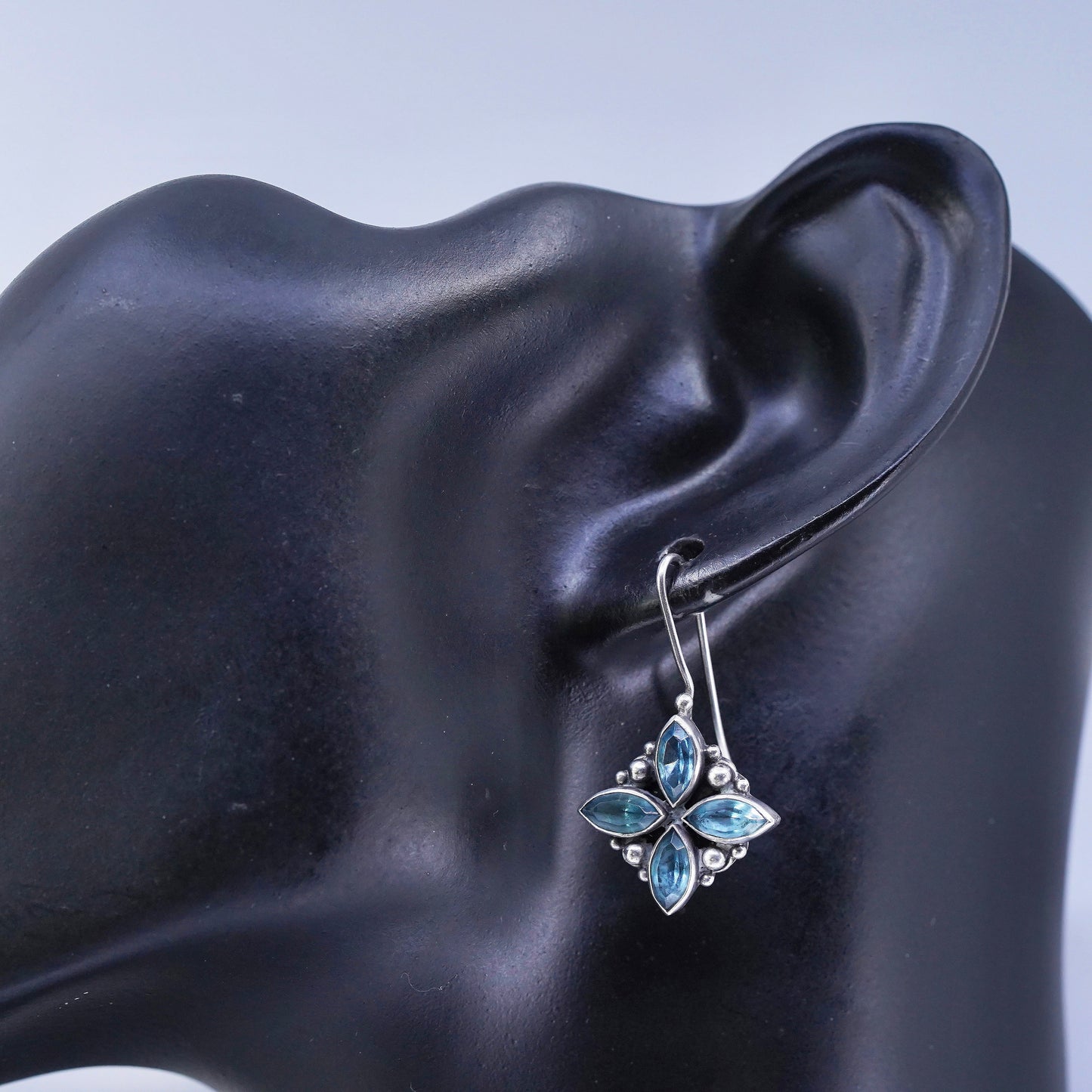 Vintage Sterling 925 silver beaded diamond shaped earrings with blue topaz