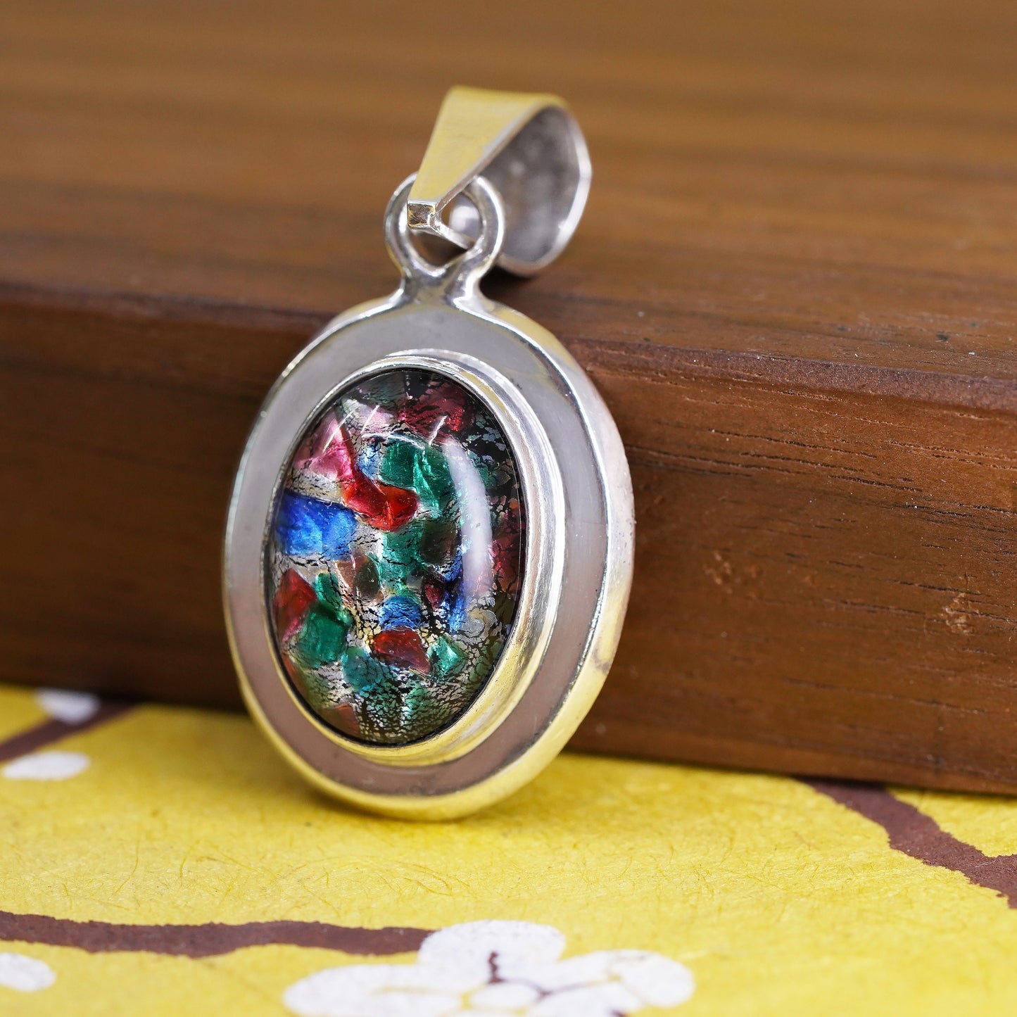 VTG Sterling 925 silver handmade pendant with vivid colored foil glass, unique