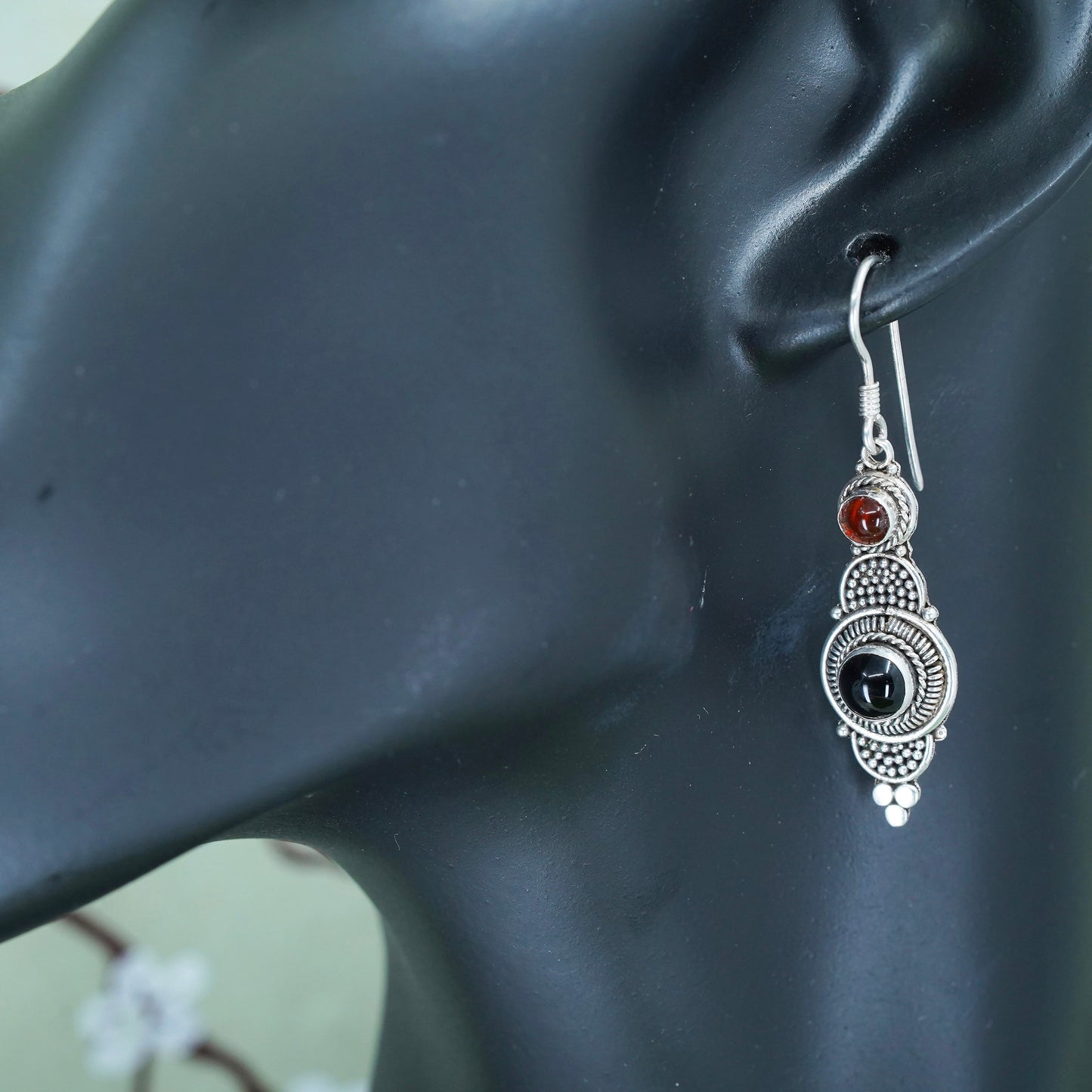 Vintage Sterling silver 925 handmade bali earrings with garnet beads