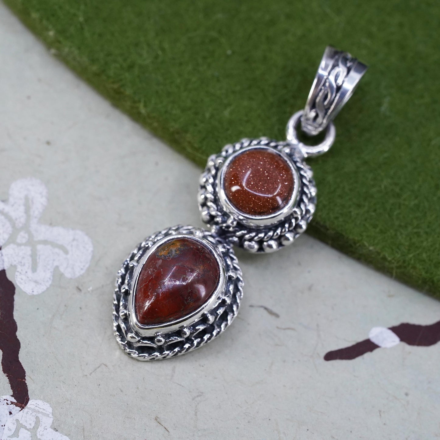 Vintage Sterling silver handmade pendant, teardrop jasper with goldstone cable