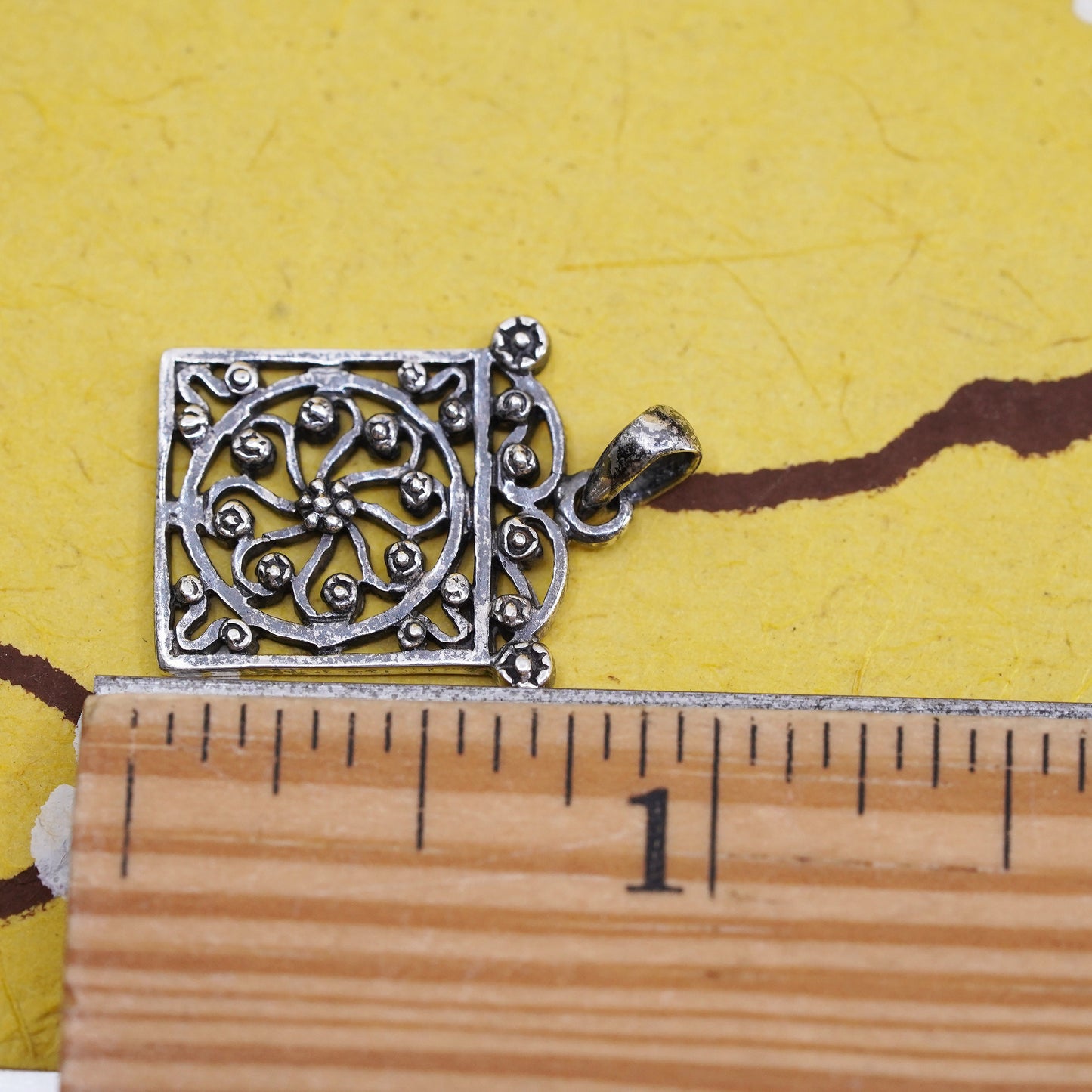 Vintage Sterling 925 silver handmade pendant, filigree square pendant