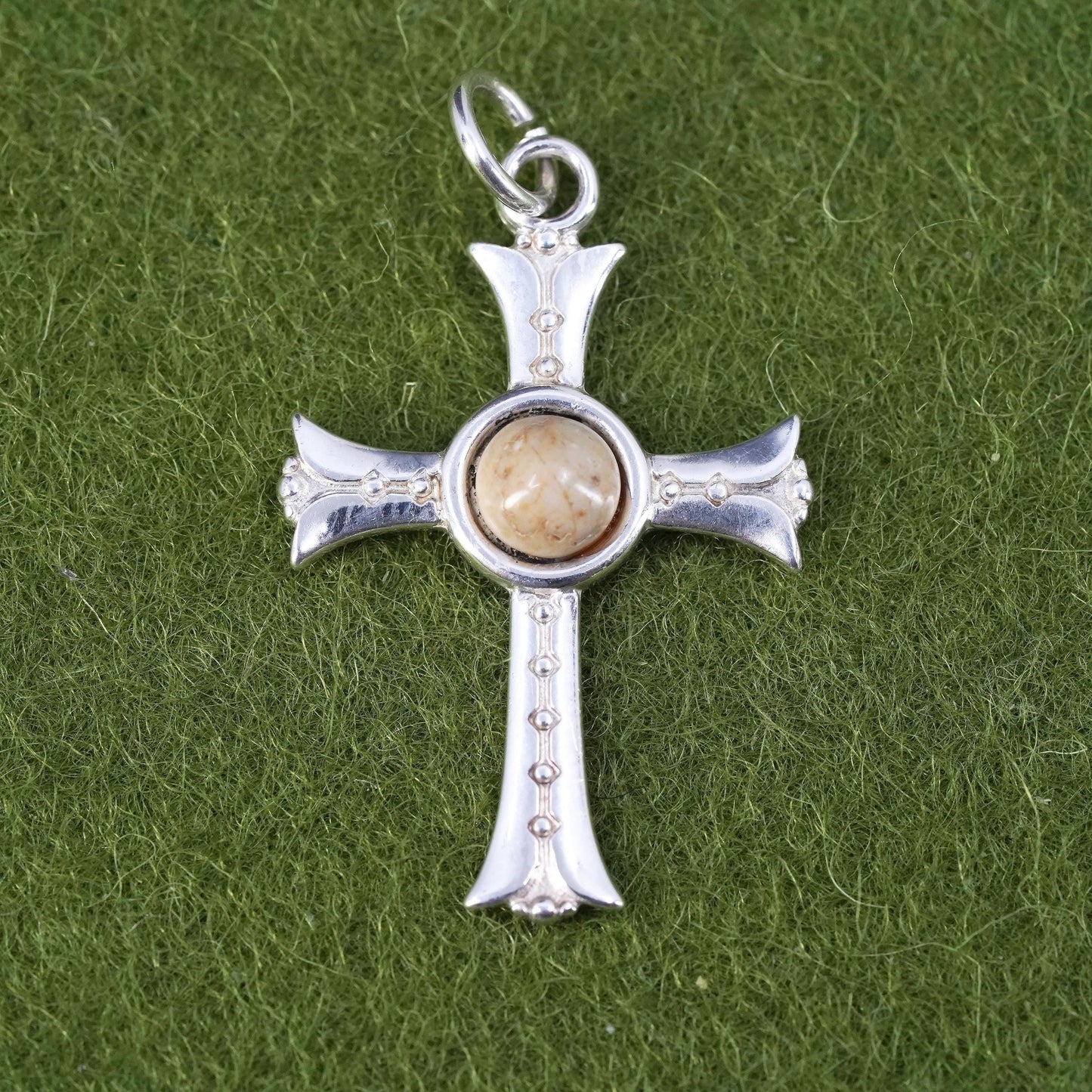 Vintage Sterling silver handmade charm, 925 Jerusalem cross pendant with Jasper