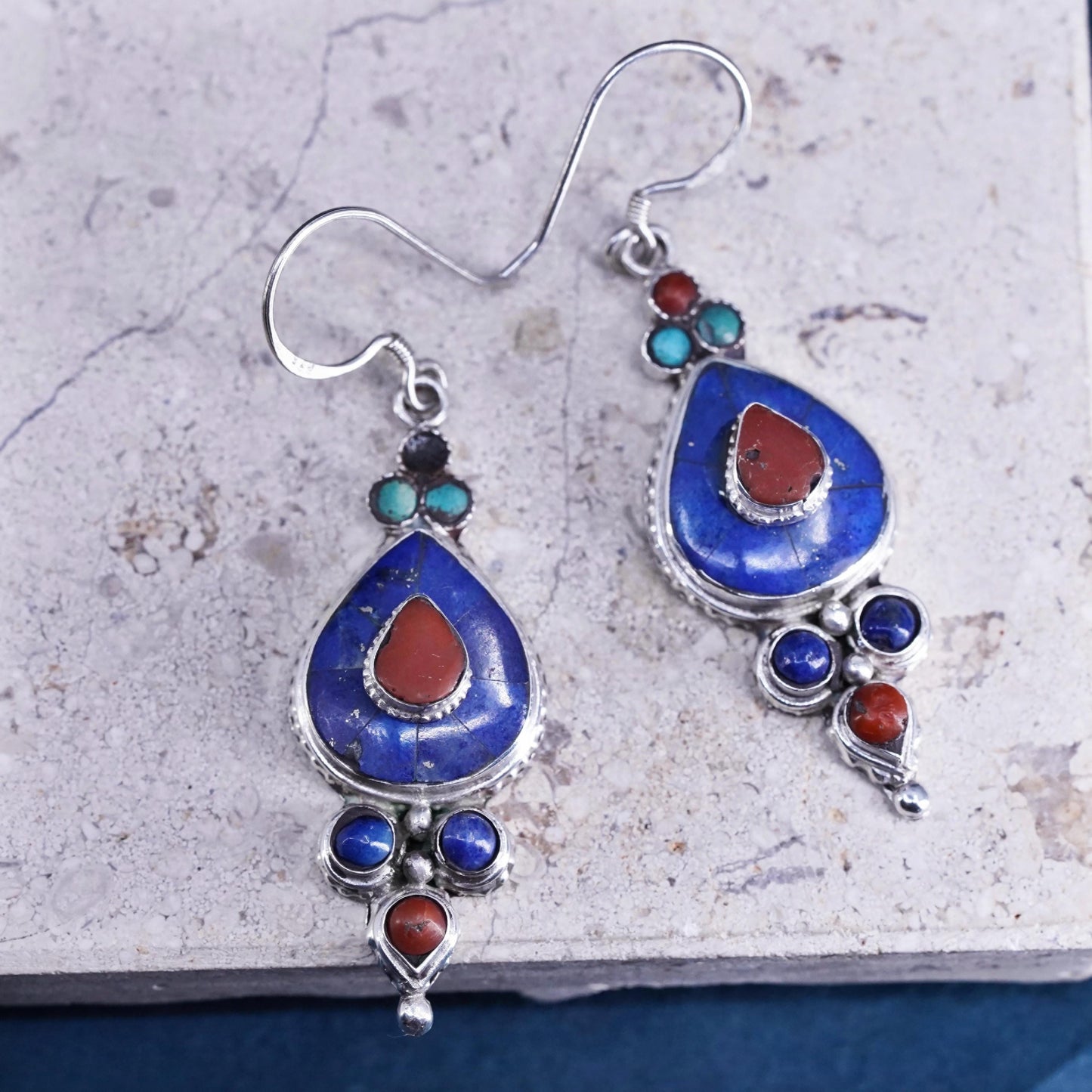 Native American Sterling 925 silver teardrop earrings turquoise coral lapis