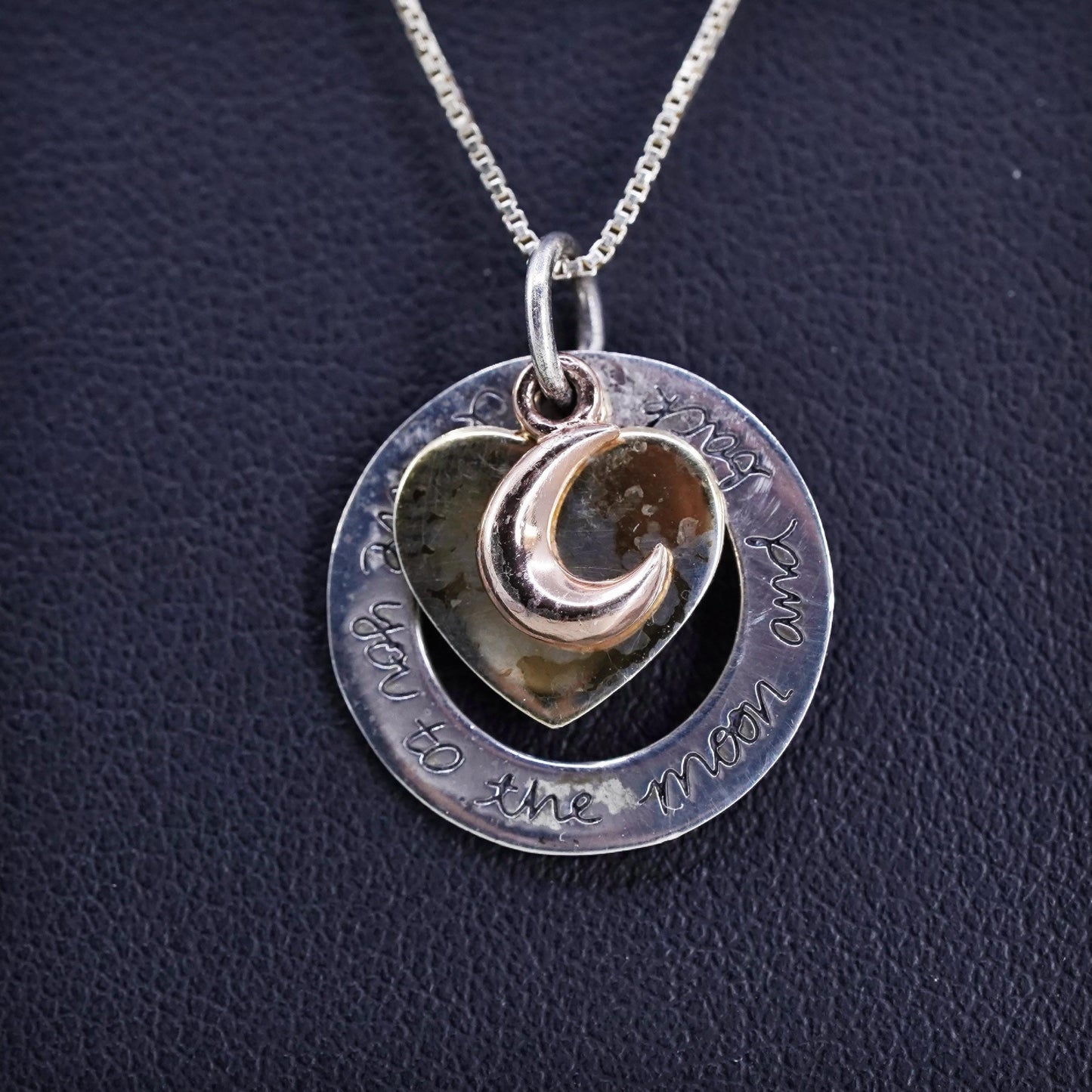 two tone Sterling silver box chain necklace, 925 heart moon pendant I love you