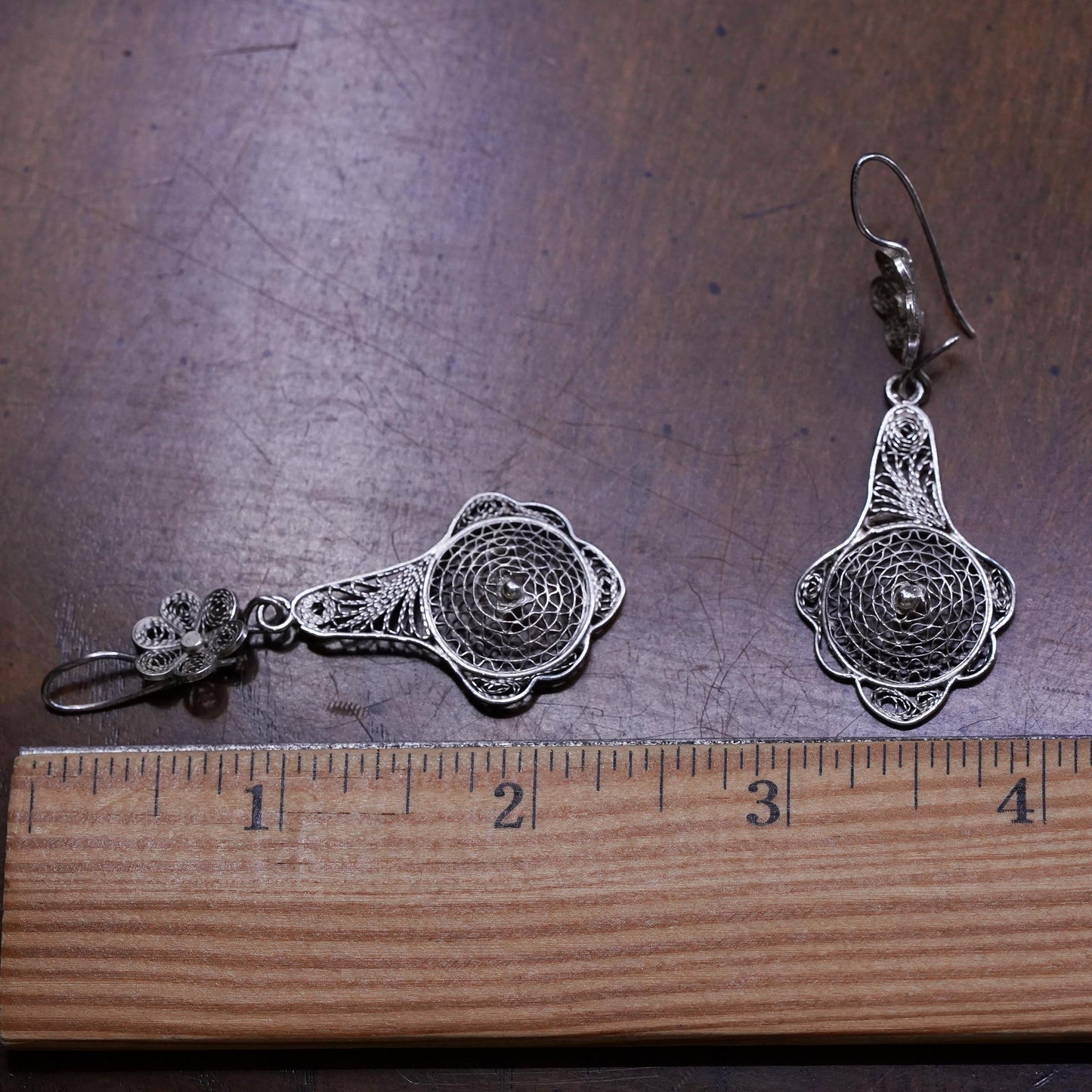 Vintage sterling silver handmade earrings, 925 filigree flower teardrop dangles