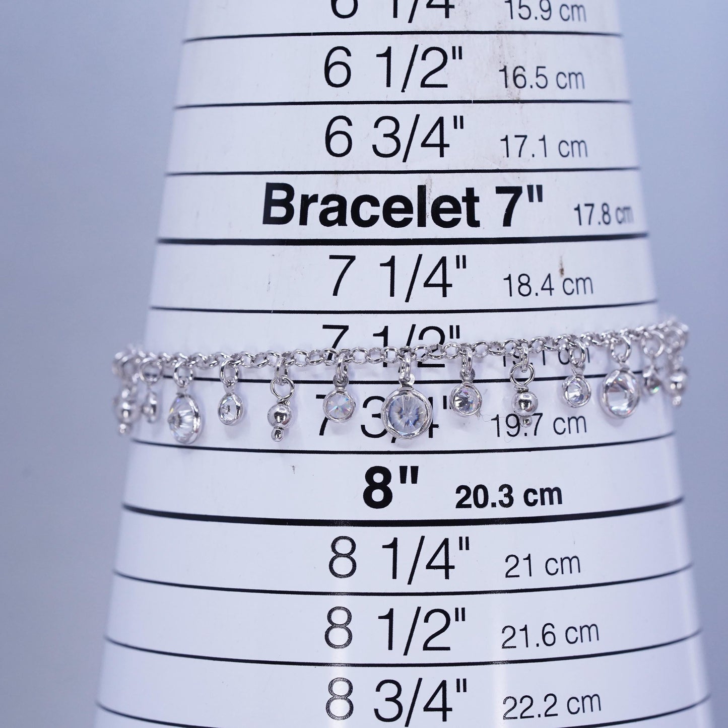 7.5”. Jewelry Sterling 925 silver bracelet, circle chain with cluster cz charms