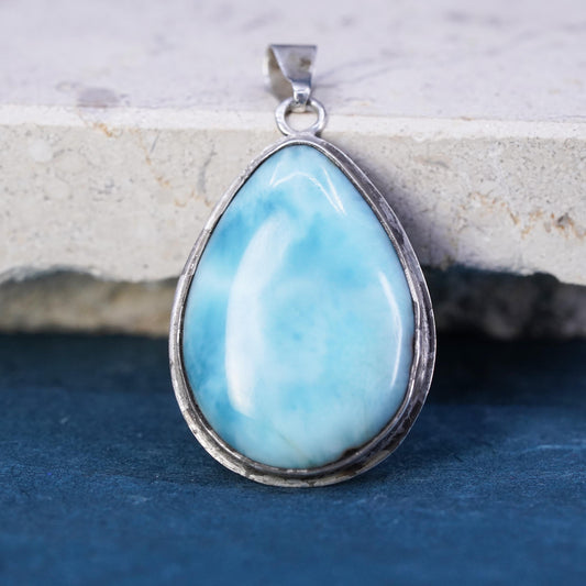 Vintage Sterling Silver Handmade Pendant, oxidized 925 silver teardrop larimar